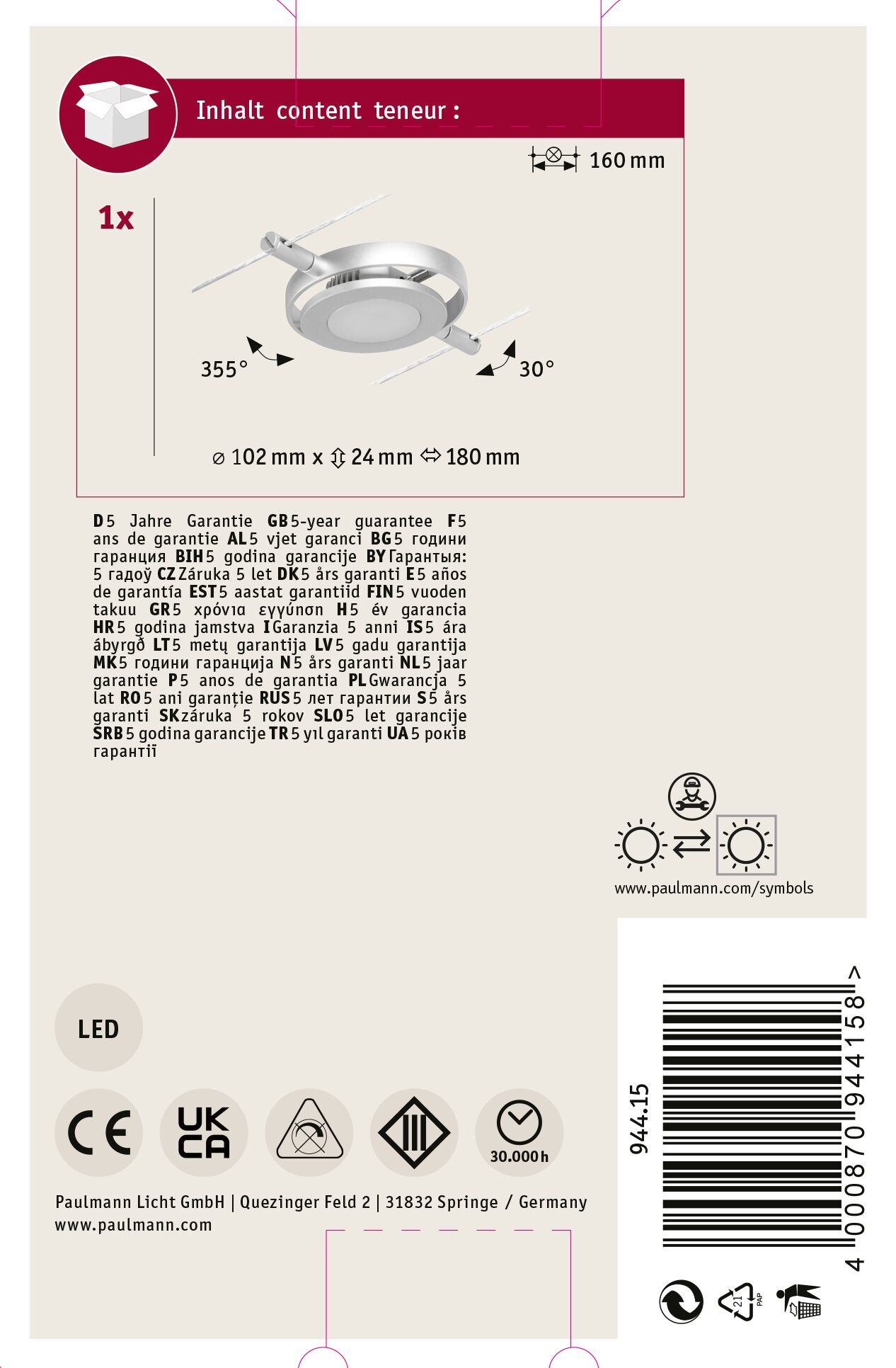 Ein Produktetikett mit einer Deckenleuchte, Abmessungen, Garantieinformationen und Logos für CE, UKCA und LED.