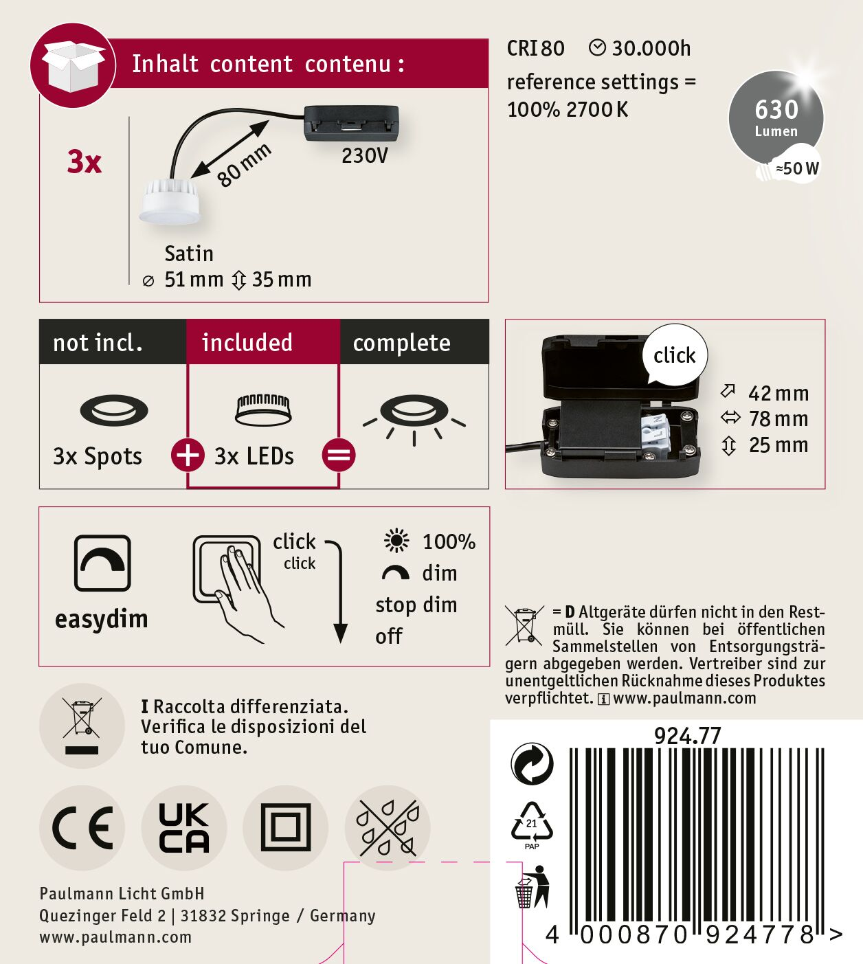 Una scatola di prodotto con testo, icone e diagrammi. Include specifiche della luce, dimensioni e simboli di riciclaggio.