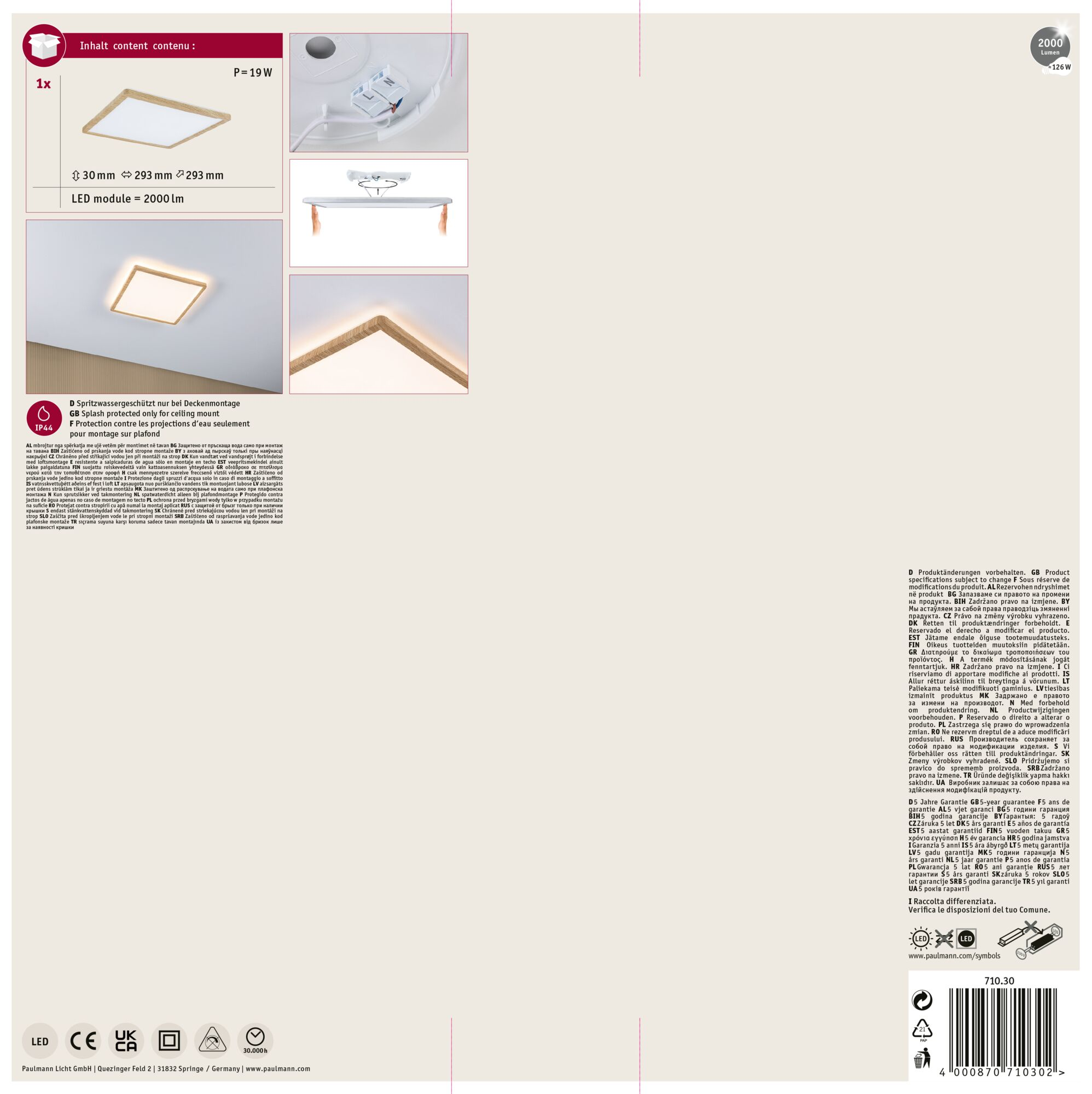 Kwadratowa lampa sufitowa LED z drewnianą ramą, białym wnętrzem, informacjami o produkcie i logo.