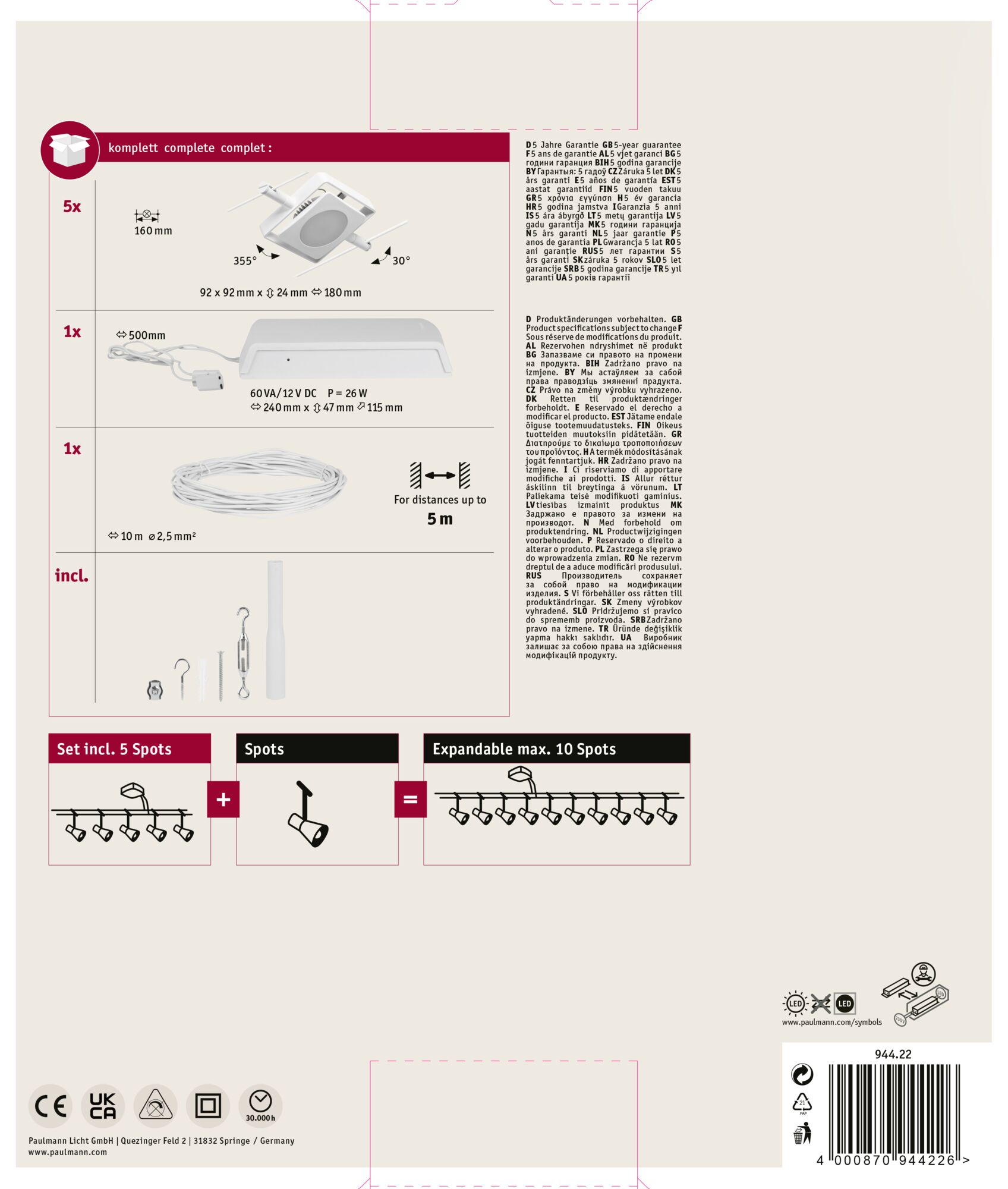 Un foglio informativo del prodotto con componenti di illuminazione, dettagli della garanzia e specifiche del prodotto.