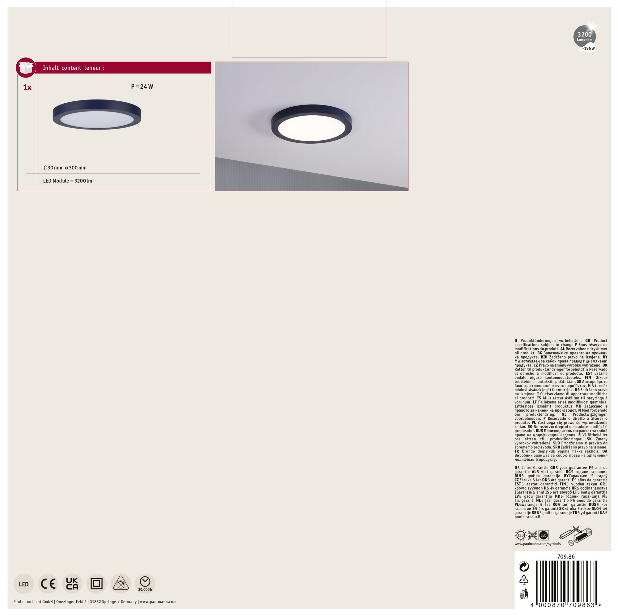 Un plafonnier LED circulaire avec cadre sombre, intérieur blanc et spécifications du produit sur fond blanc.