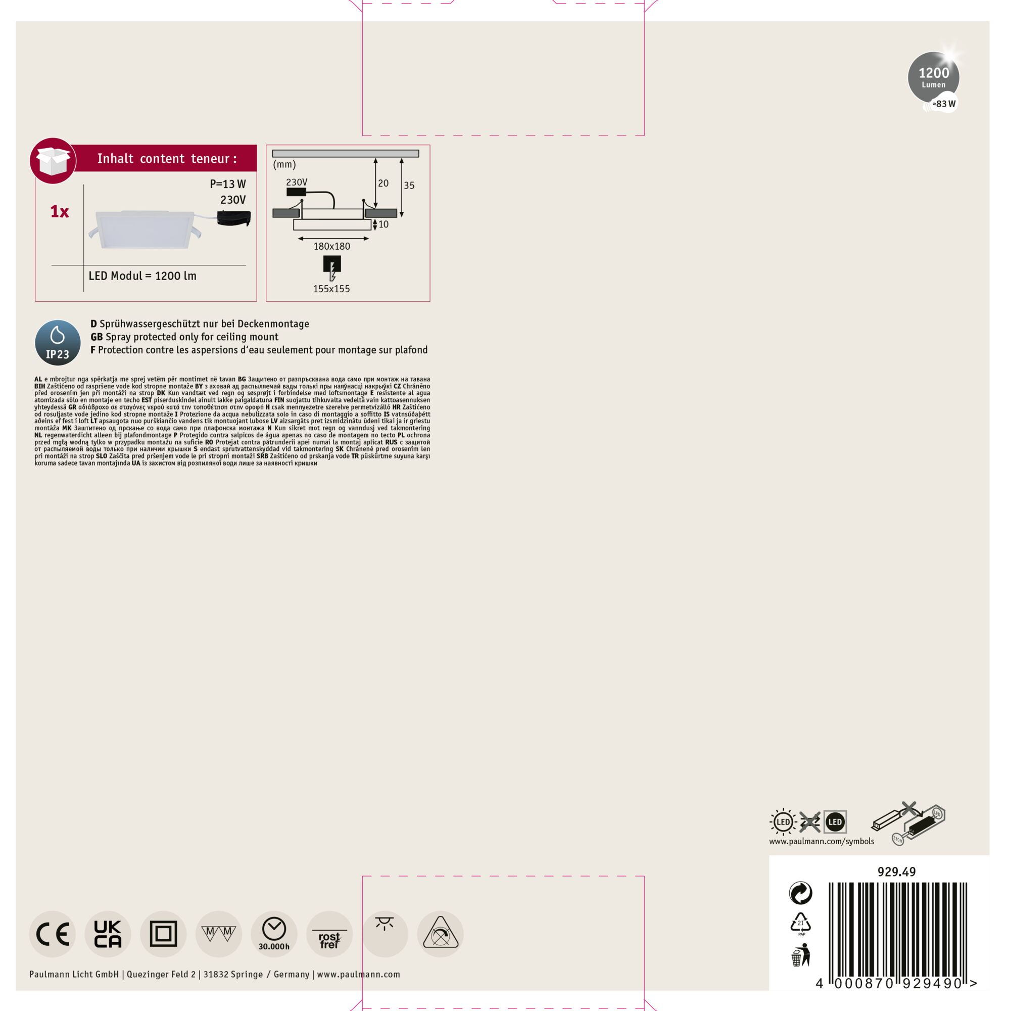 Witte productverpakking met tekst en diagrammen die productkenmerken en specificaties illustreren.