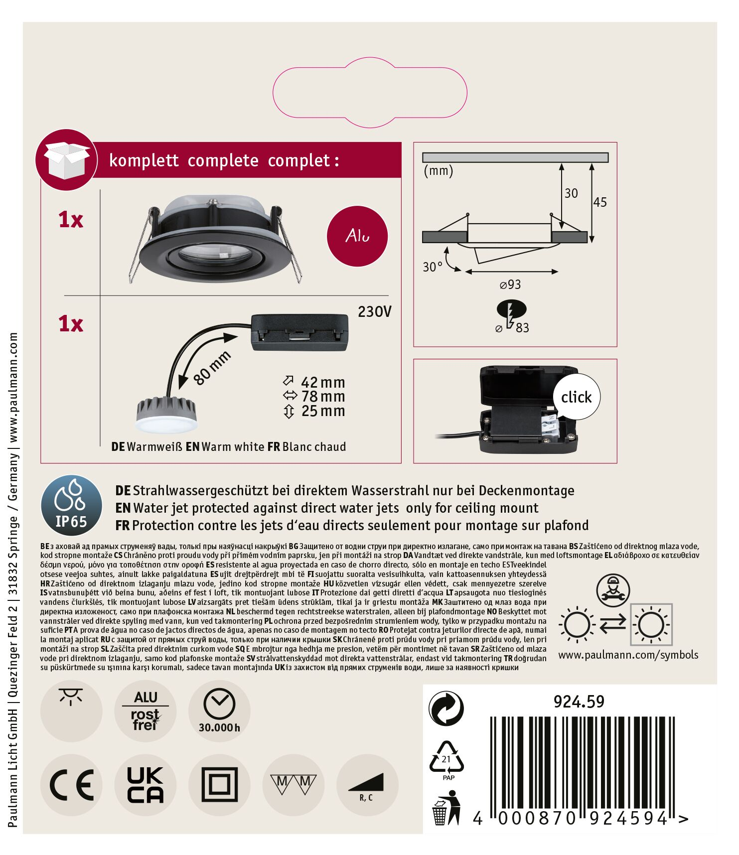 Opakowanie produktu z lampą wpuszczaną, rysunkami technicznymi i tekstem w wielu językach.