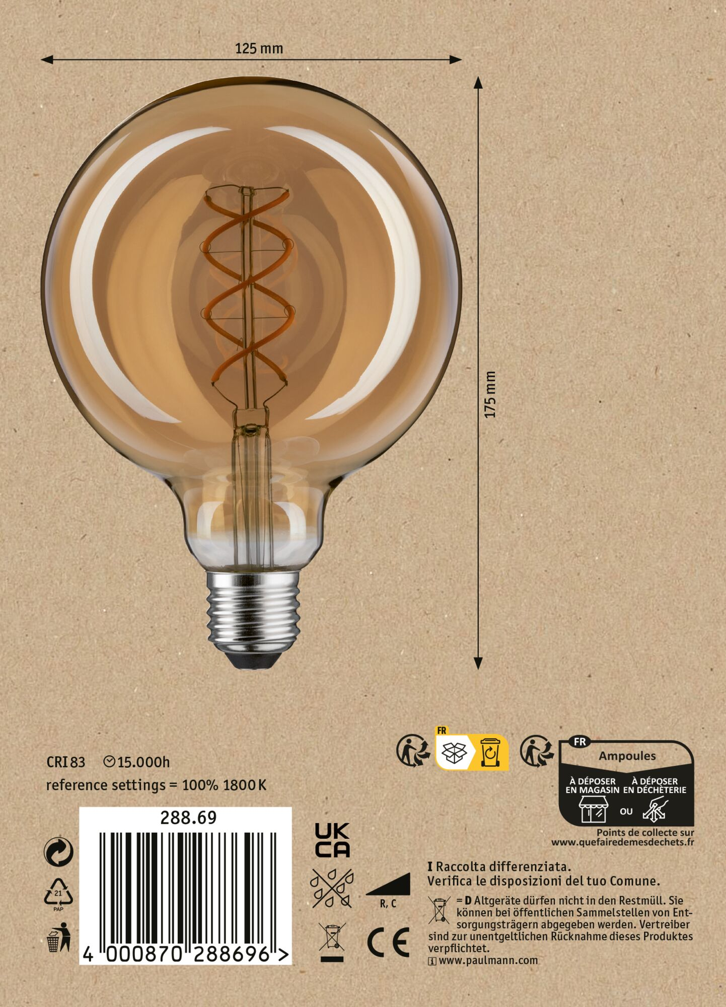 Duża, okrągła, bursztynowa żarówka ze spiralnym włóknem, na brązowym tle, z informacjami o produkcie.