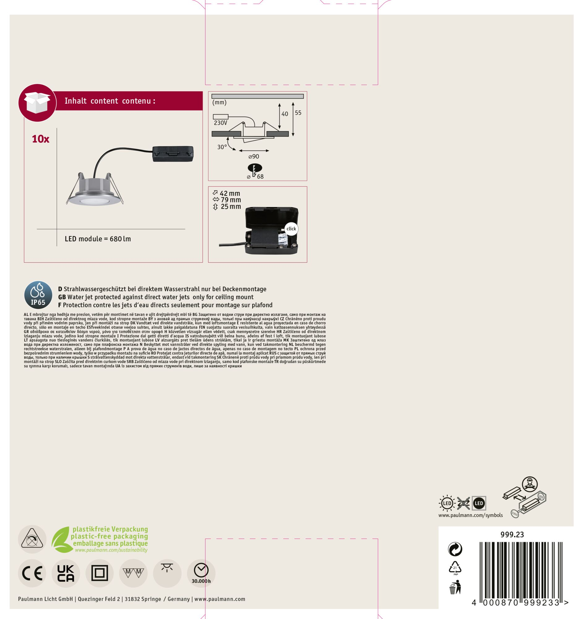 Verpackung mit 10x Strahlern, Diagrammen und Textdetails. Enthält Produktspezifikationen und Zertifizierungen.