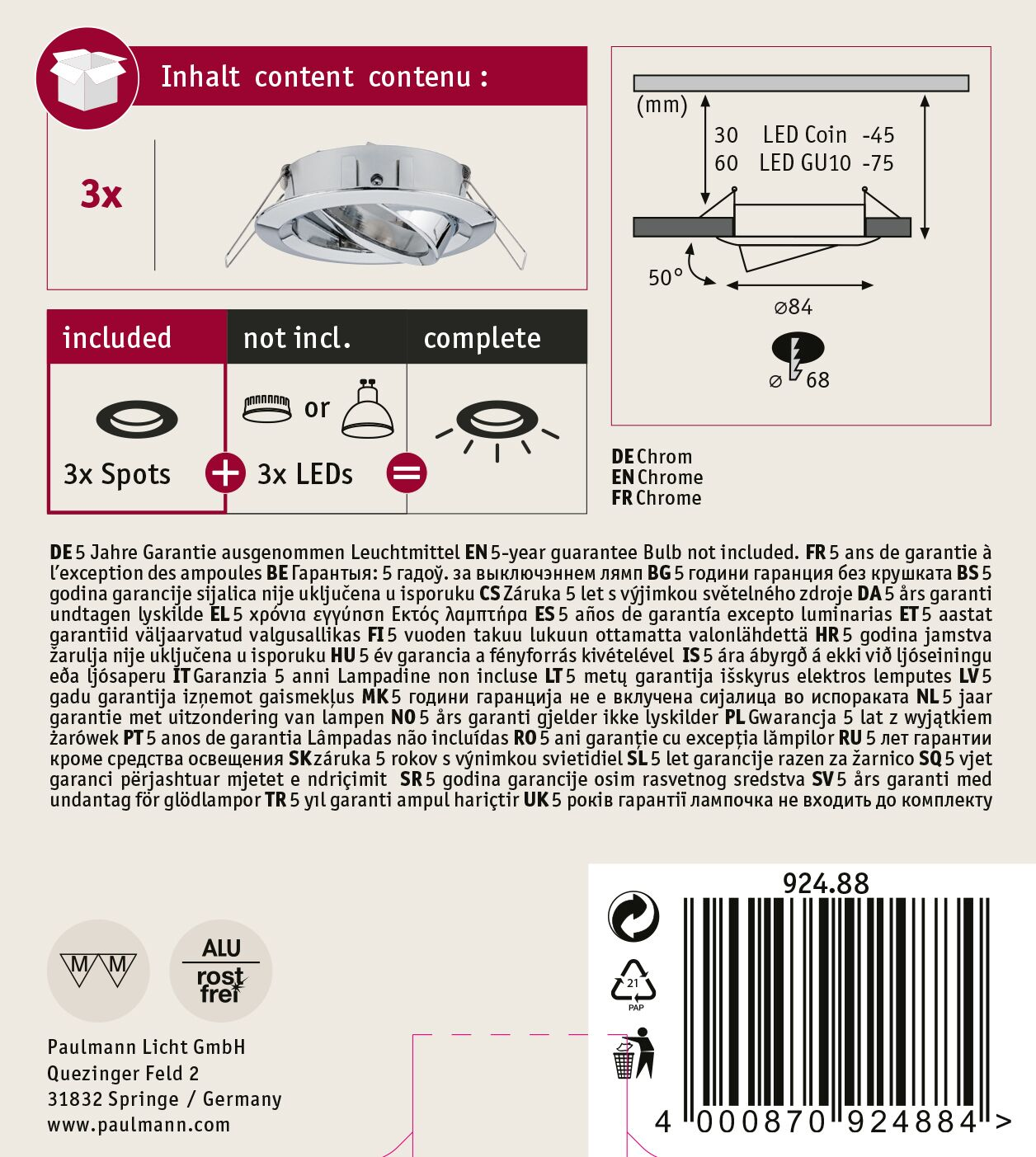Ein Produktetikett zeigt einen Scheinwerfer, Abmessungen und Text in mehreren Sprachen, darunter Deutsch und Englisch.