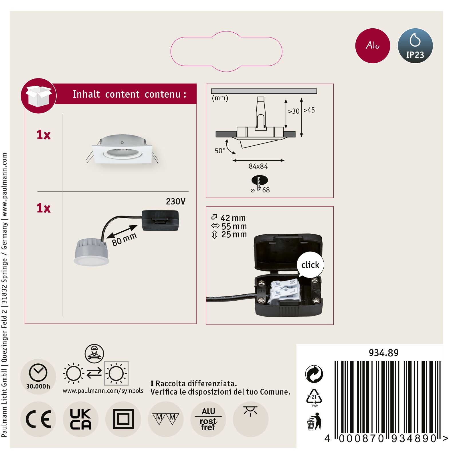 Ein Produktkarton enthält einen Einbauspot, einen Stecker und ein elektrisches Diagramm mit Abmessungen und Spezifikationen.