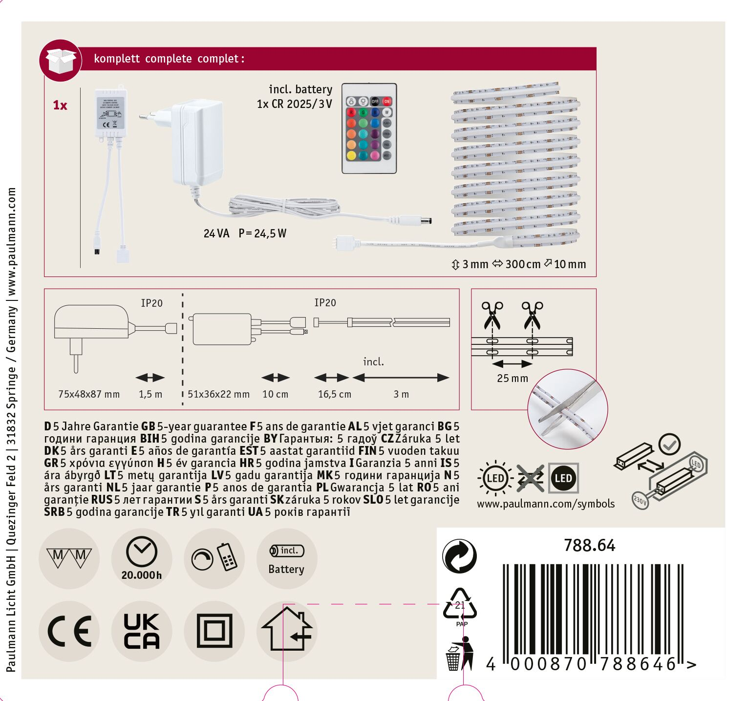 Pudełko produktu z taśmą LED, zasilaczem, pilotem i informacjami o gwarancji na białym tle.