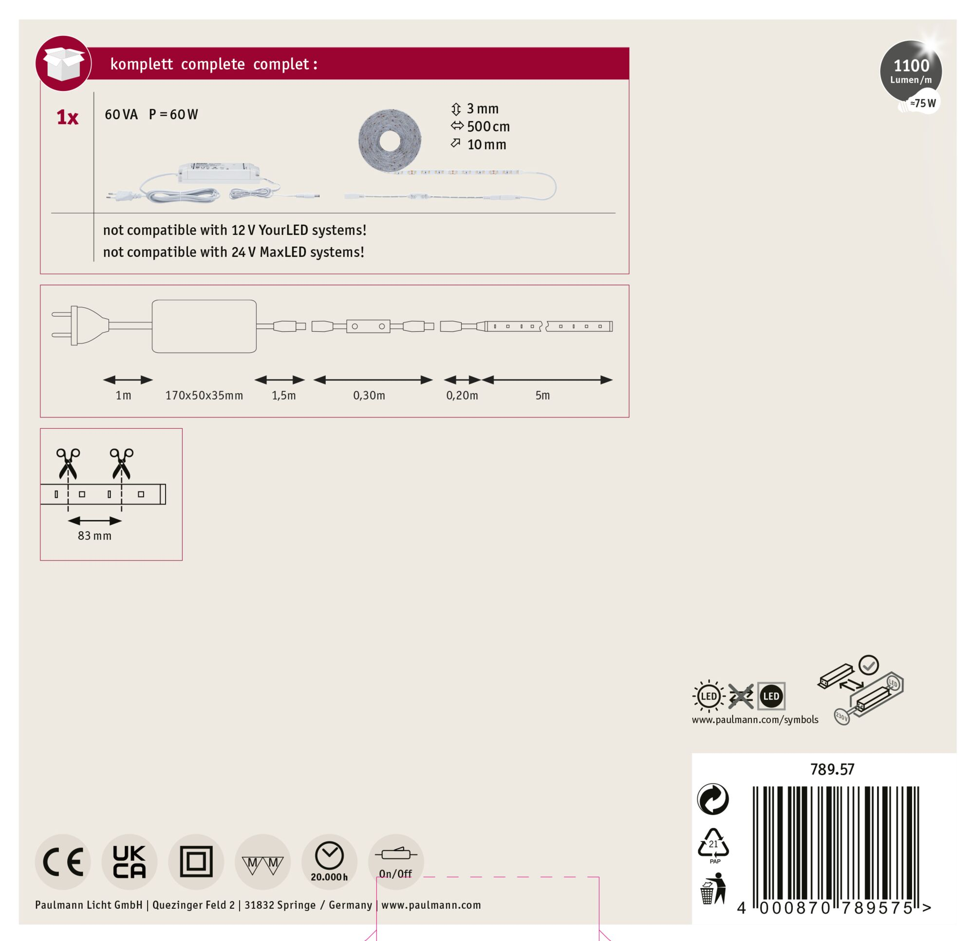 Boîte de produit avec composants de bande LED et spécifications : dimensions, puissance et tension. Comprend un code-barres et des symboles.