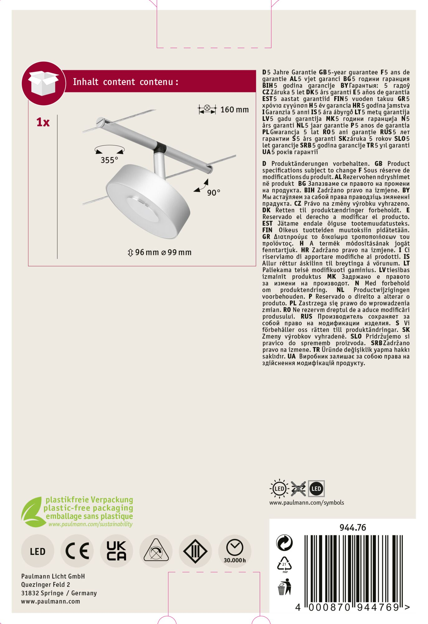 Eine weiße Lampe mit gebogenem Arm, Produktinformationen und ein Barcode auf weißem Hintergrund.