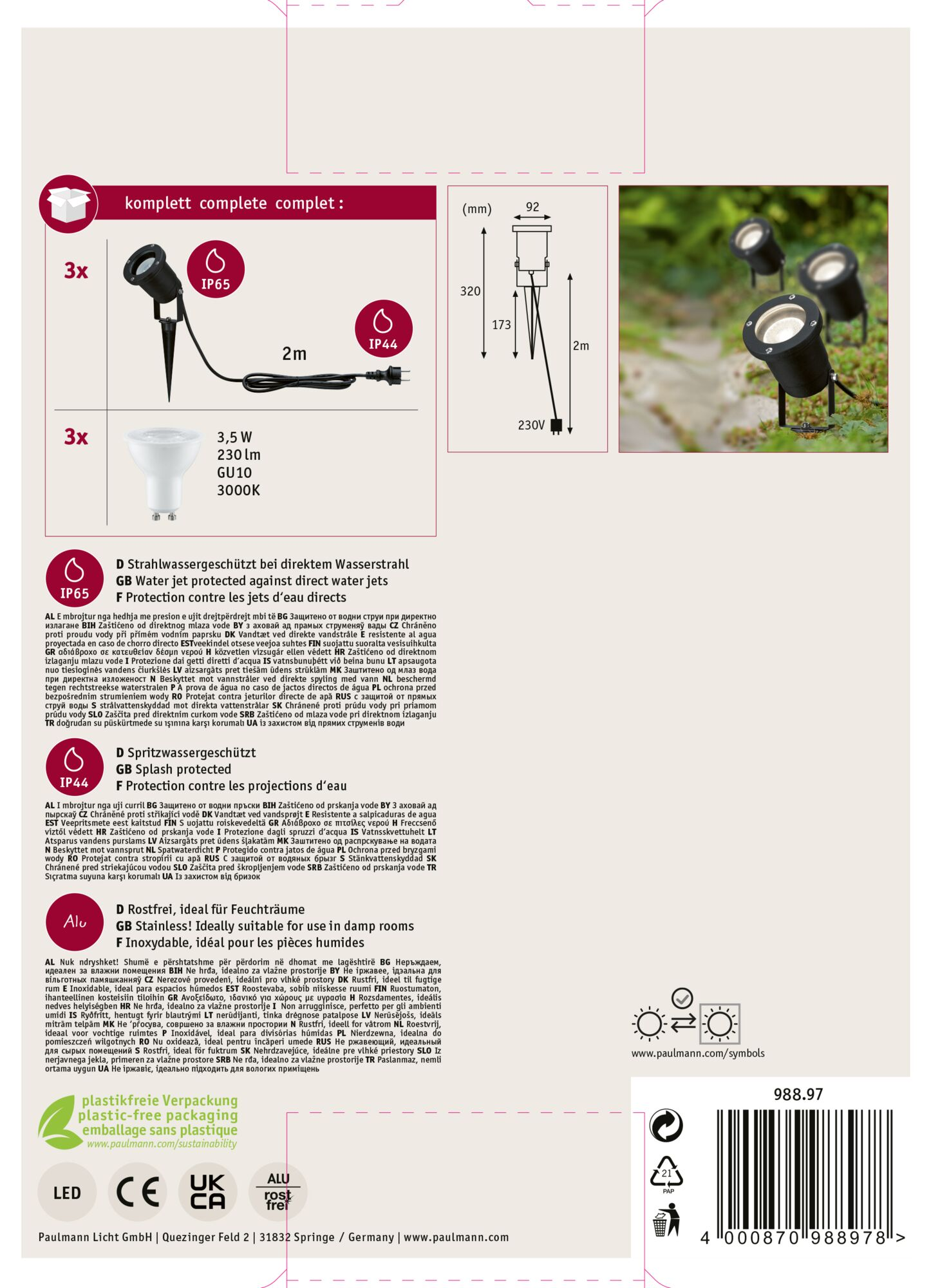 Obraz przedstawia trzy czarne reflektory z białym wewnętrznym okręgiem, z kartą informacyjną o produkcie.