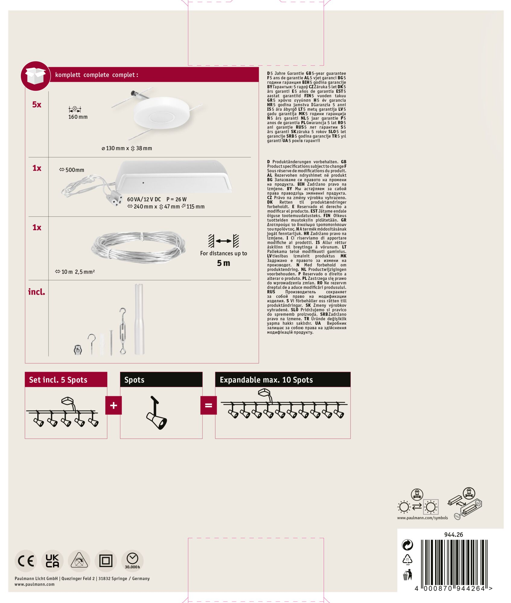 Scatola del prodotto con un apparecchio di illuminazione, dimensioni e immagini degli accessori. Il testo include garanzia e dettagli del prodotto.