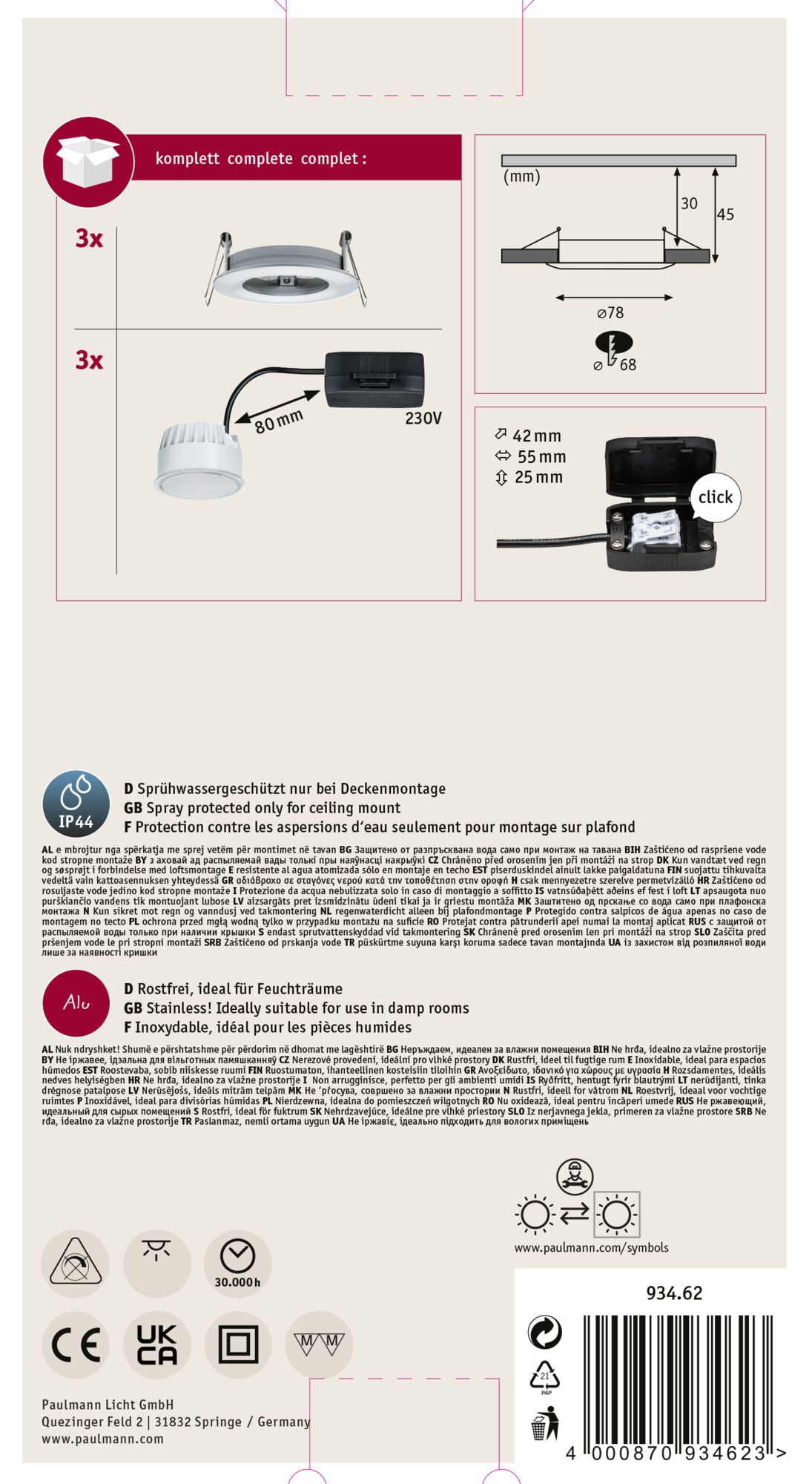 Produktverpackung mit Deckenleuchten, Abmessungen und technischen Details auf weißem Hintergrund.