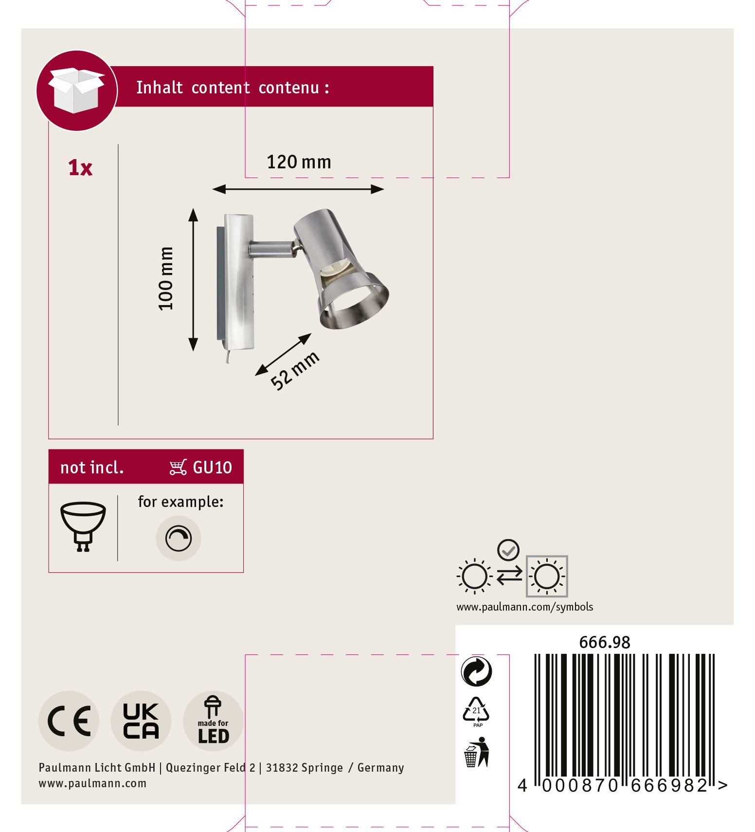Ein silberner Strahler mit Abmessungen, Verpackung und Symbolen für LED und Recycling wird angezeigt.