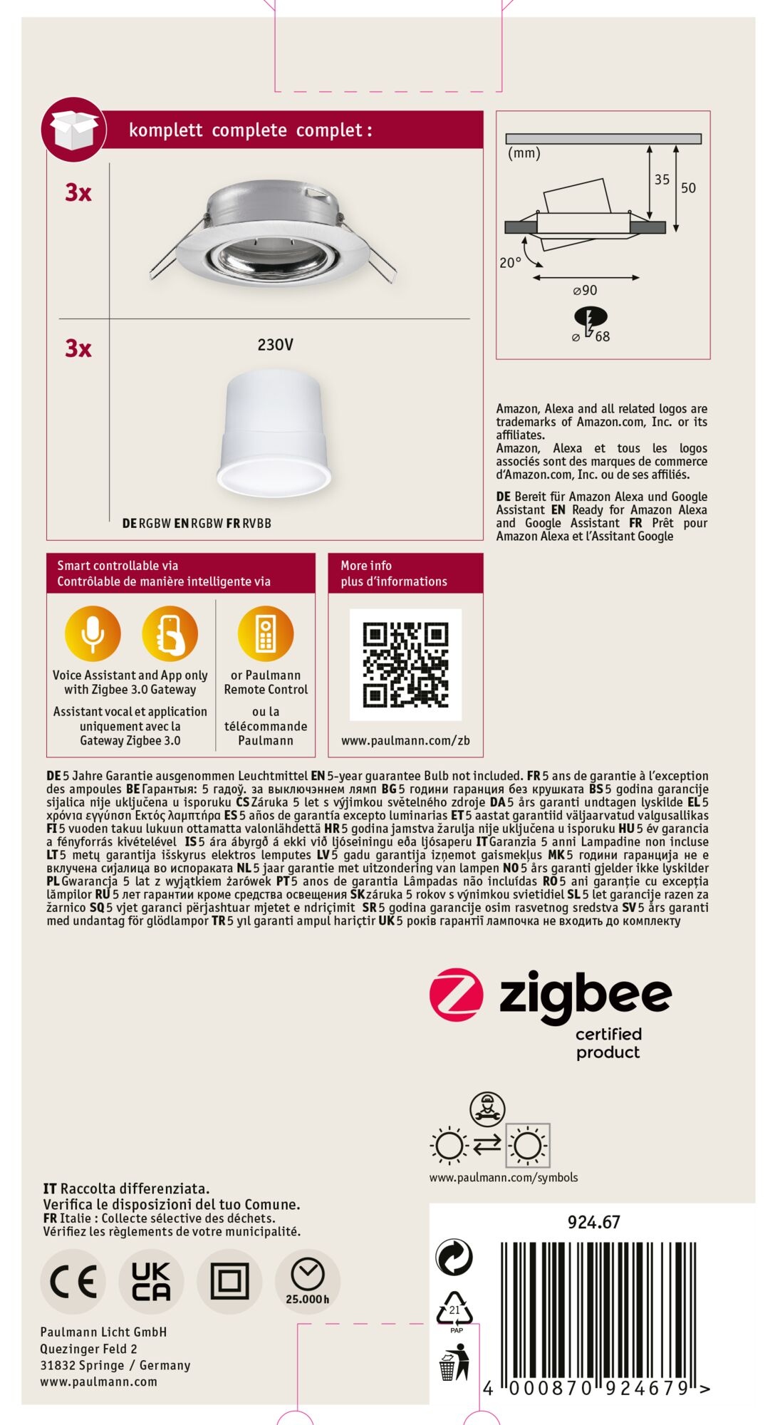 Obraz przedstawia pudełko produktu z oprawami oświetleniowymi, specyfikacjami i logo, w tym Zigbee i CE.