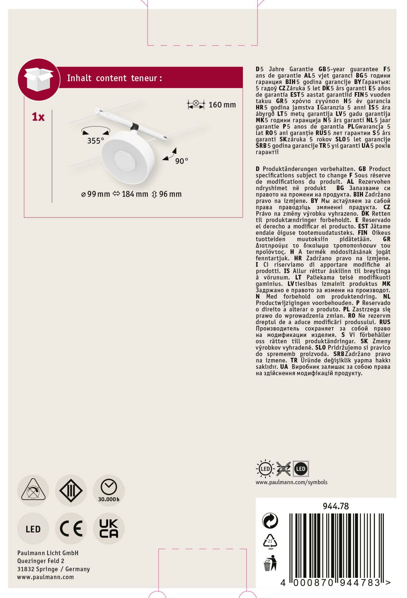 Biała lampa sufitowa z regulowanymi ramionami. Informacje o produkcie i gwarancja w tle.
