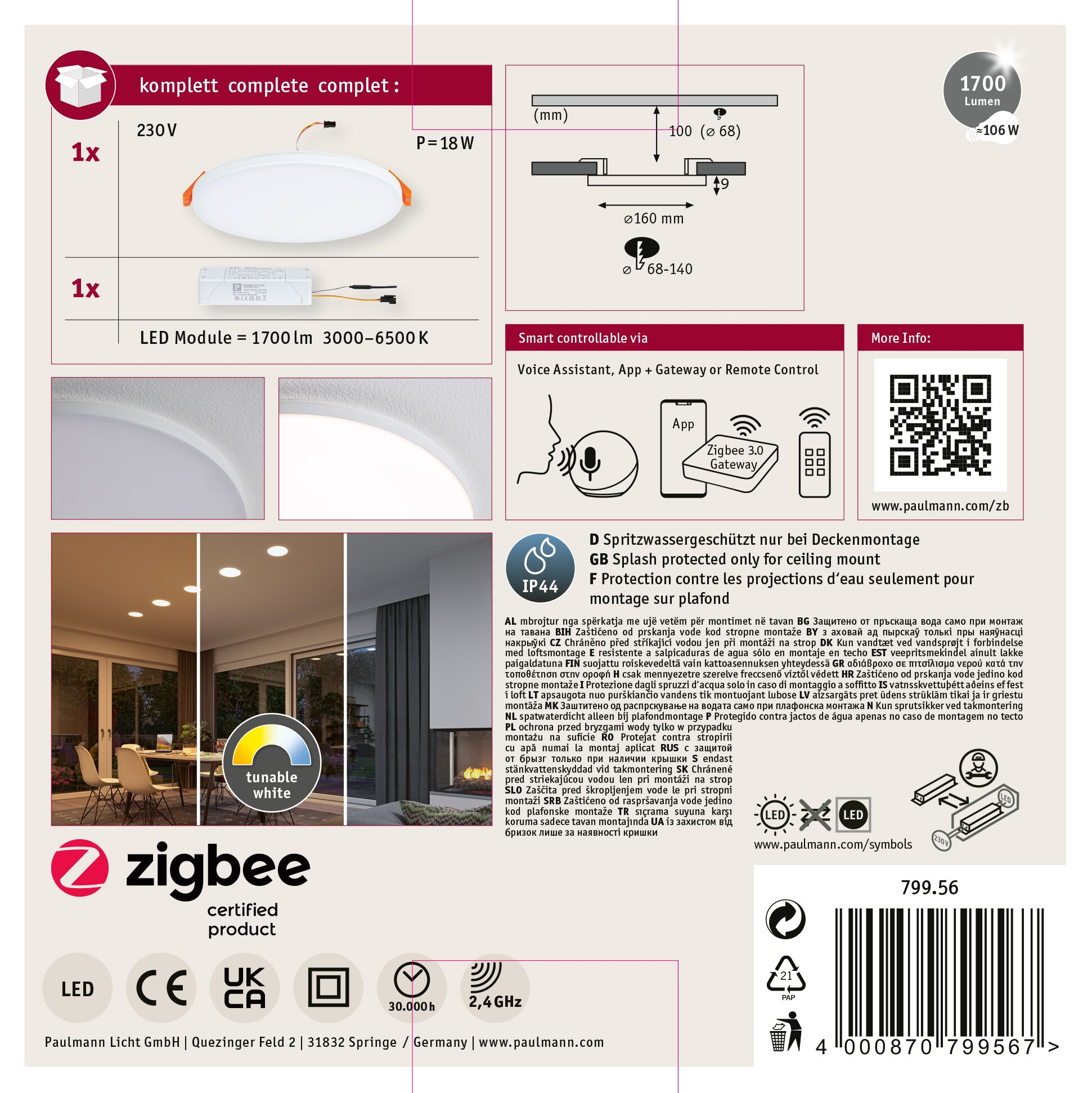 Obraz przedstawia okrągłą lampę sufitową LED ze szczegółami, pudełkiem i tekstem w wielu językach.