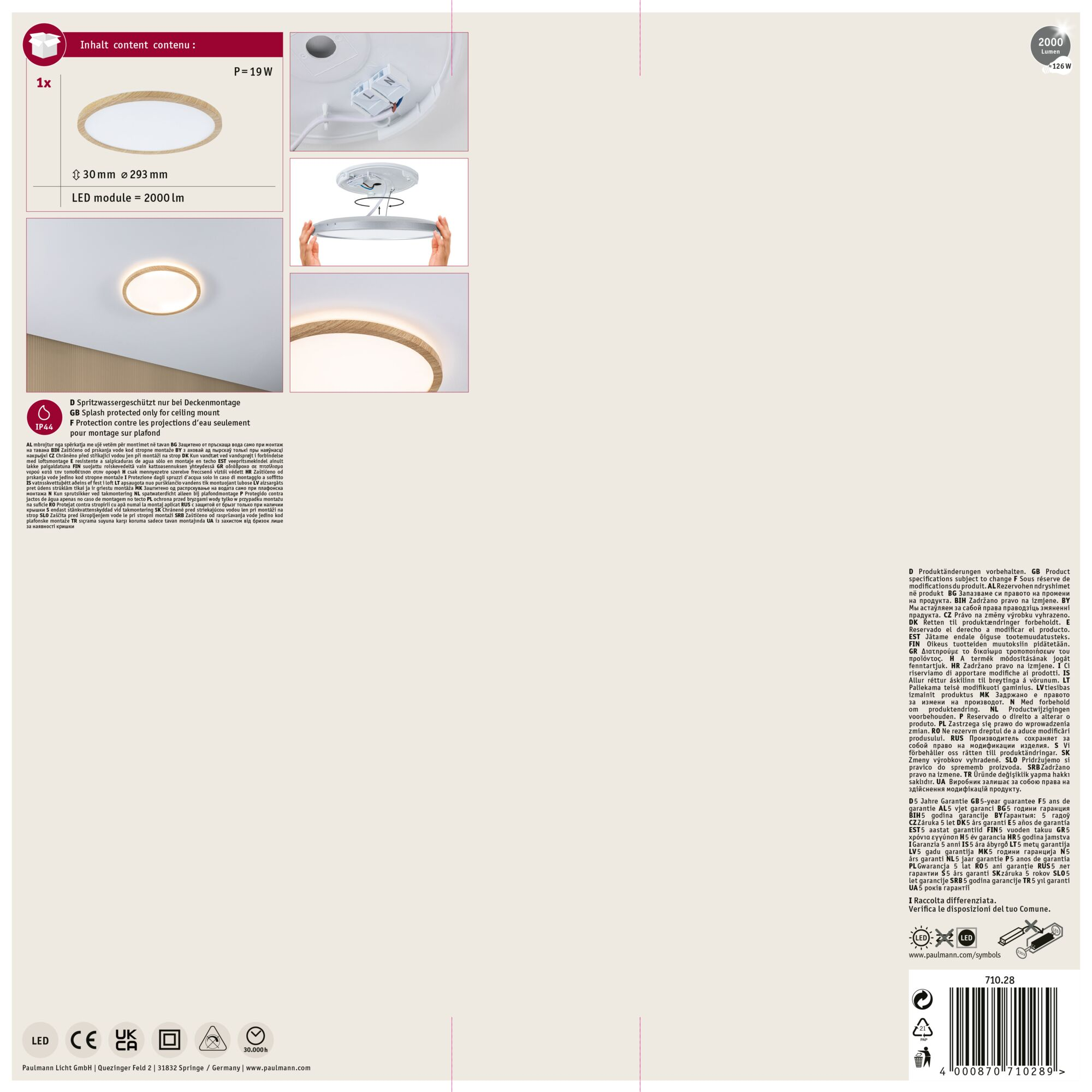 Okrągła lampa sufitowa z drewnianym pierścieniem i białym środkiem, pokazano informacje o produkcie.