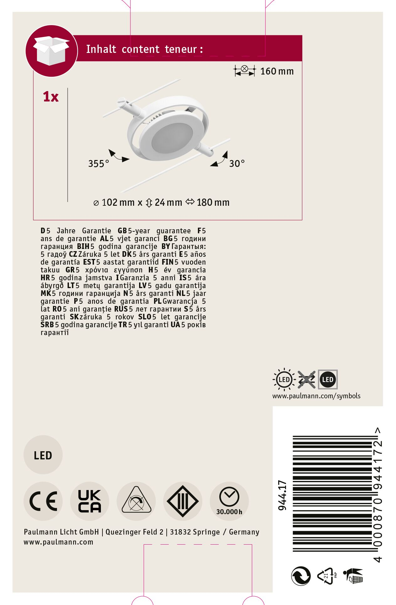 Una lampada a LED bianca con dimensioni, angoli e descrizione della garanzia. Include loghi e codice a barre.