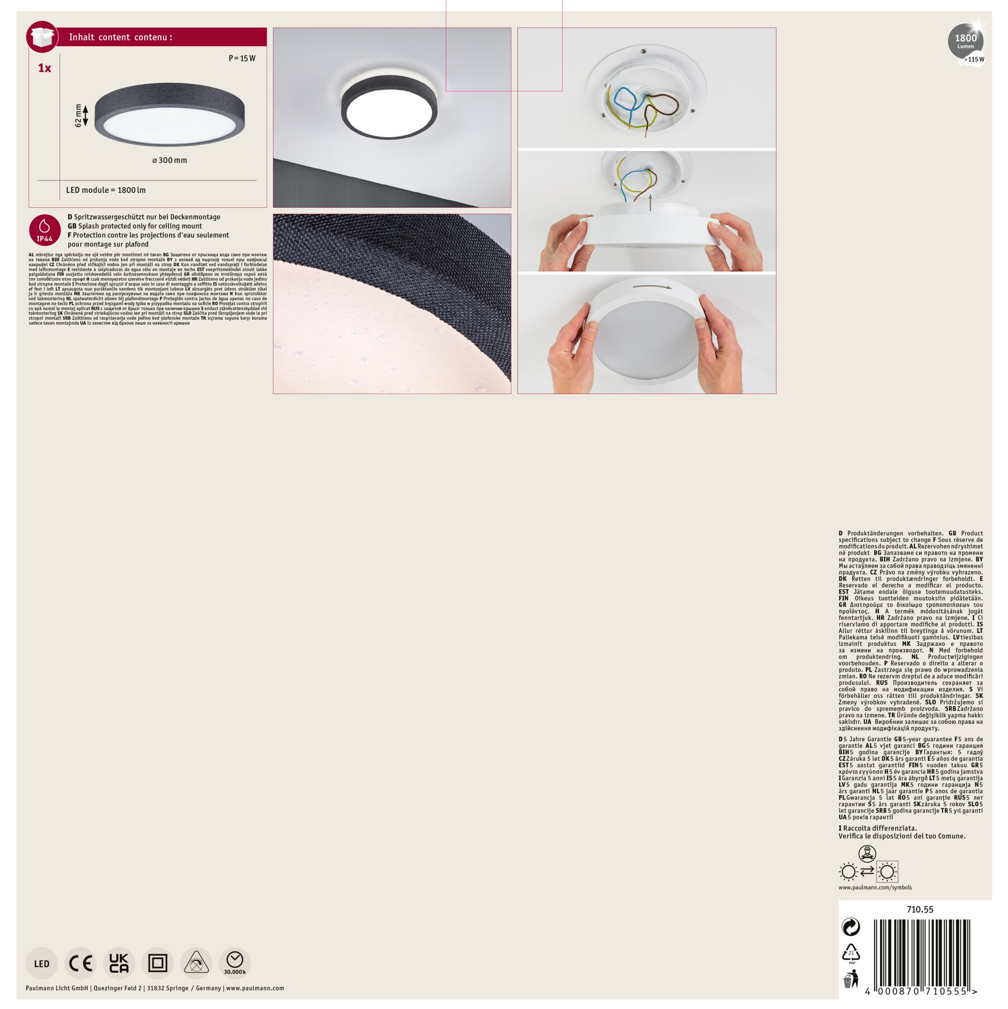 Okrągła lampa sufitowa z ciemnoszarą obwódką i białym wewnętrznym okręgiem, instrukcje.