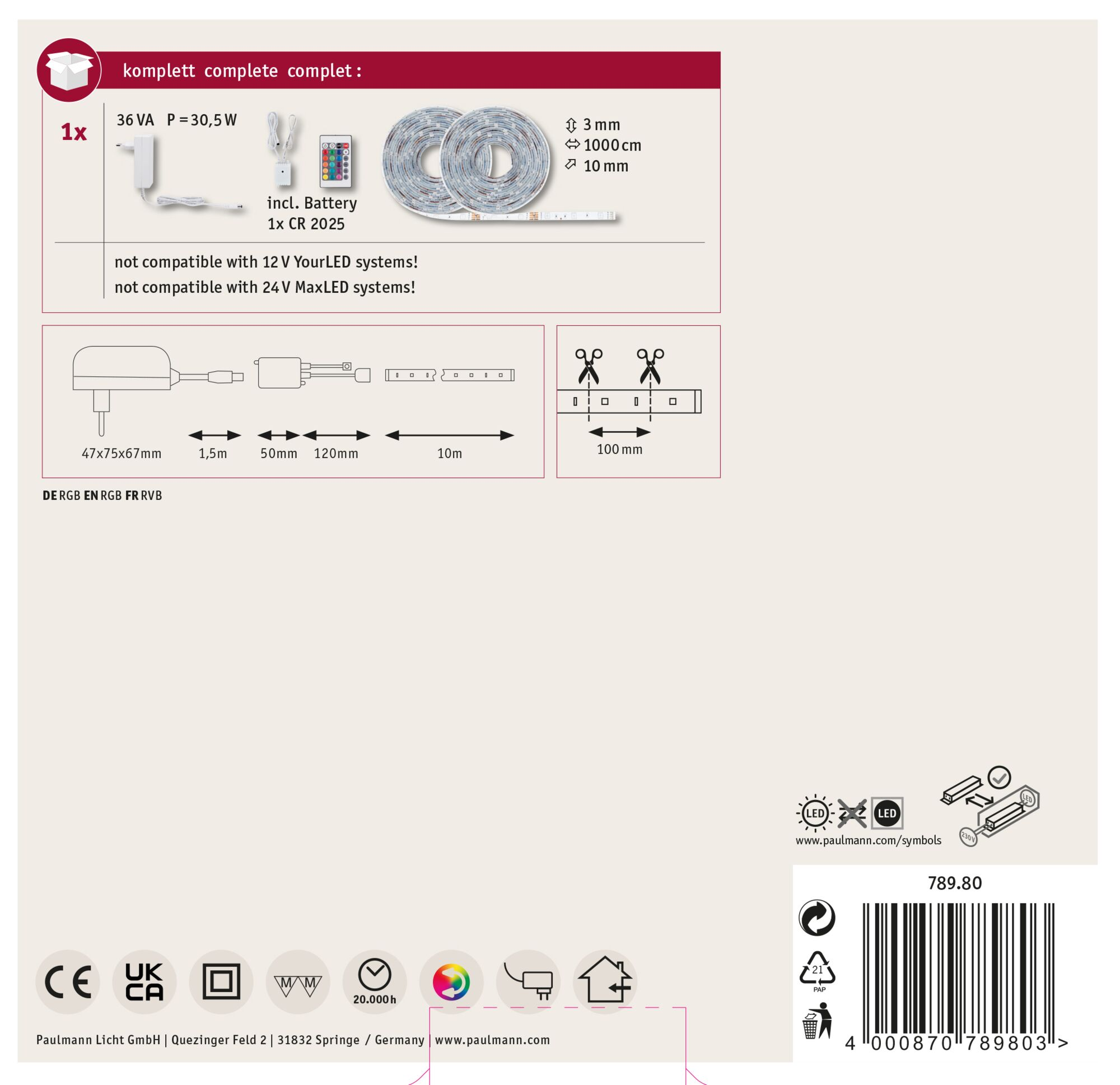 Pakiet produktów z taśmą LED, zasilaczem i baterią. Zawiera wymiary i specyfikacje techniczne. Białe tło.