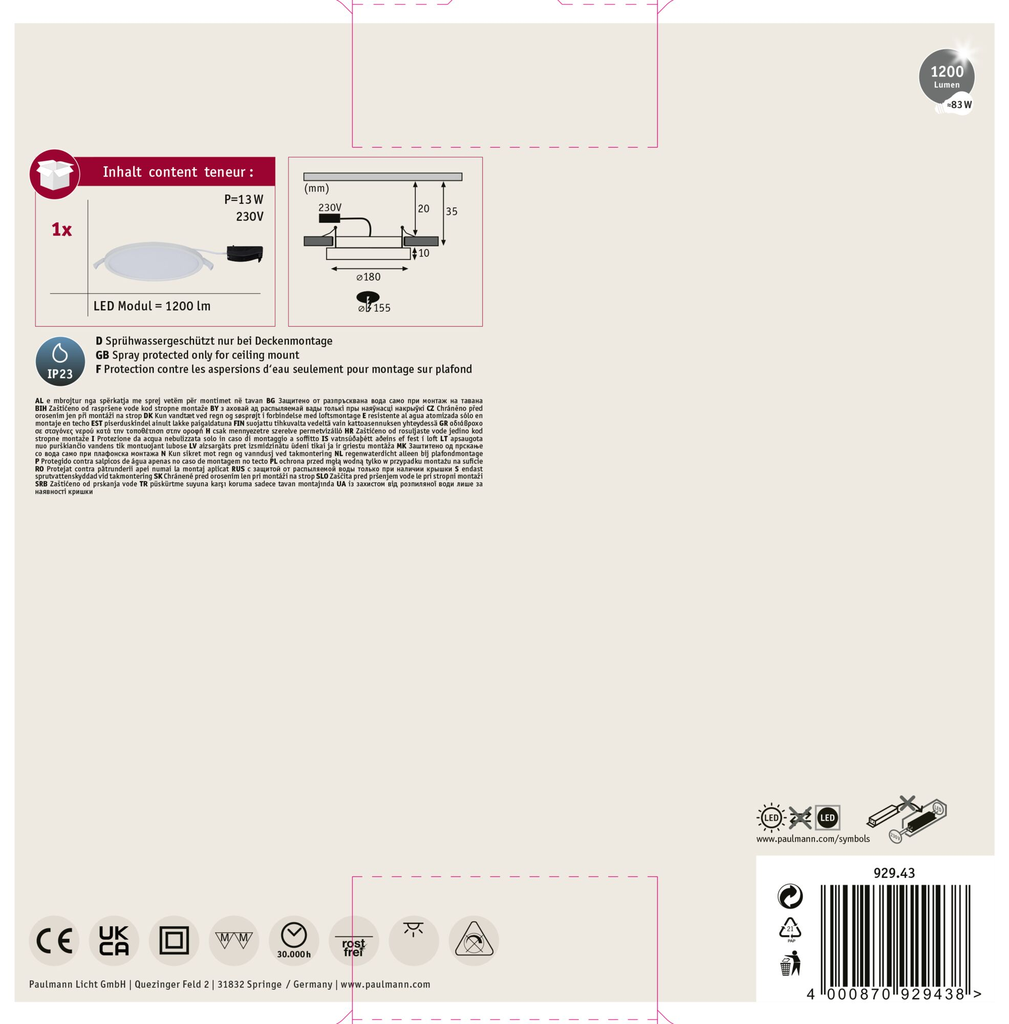 Un foglio informativo del prodotto bianco. Presenta diagrammi, testo e simboli relativi a una luce LED da soffitto.