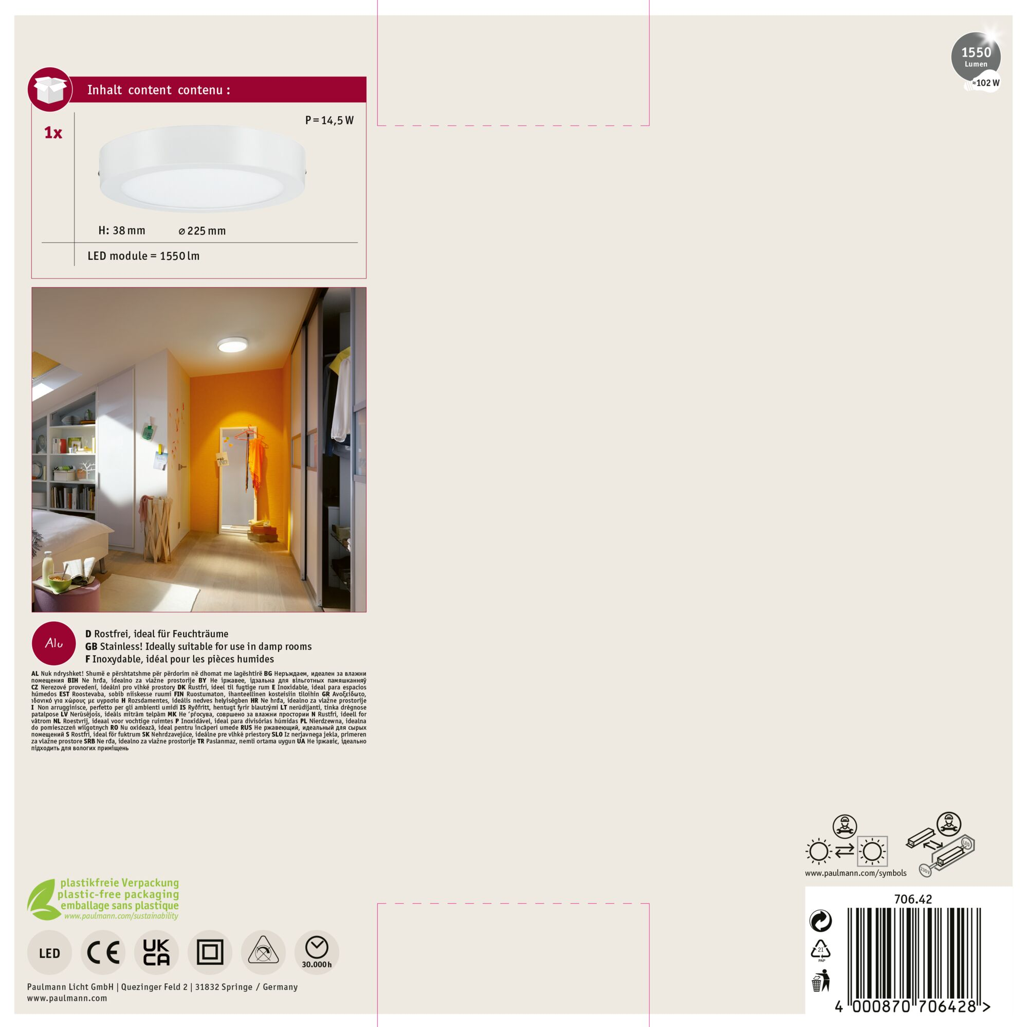 Obraz przedstawia białą lampę sufitową, z wymiarami i specyfikacjami technicznymi, oraz pokój z pomarańczową ścianą.