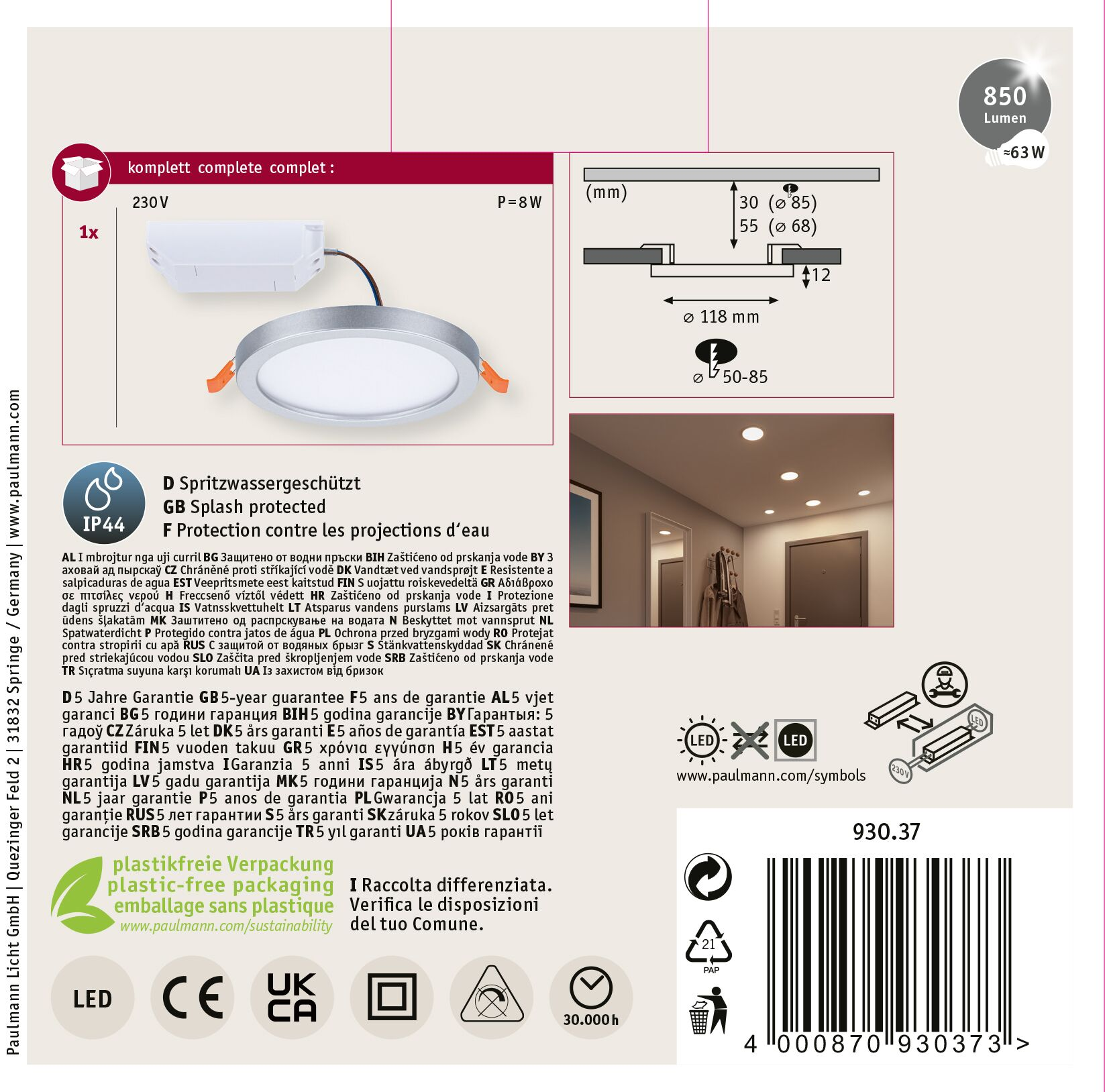Produktetikett mit Lampendiagramm, Abmessungen, Leistung und Zertifizierungen. Text beinhaltet Garantie und Wasserschutz.