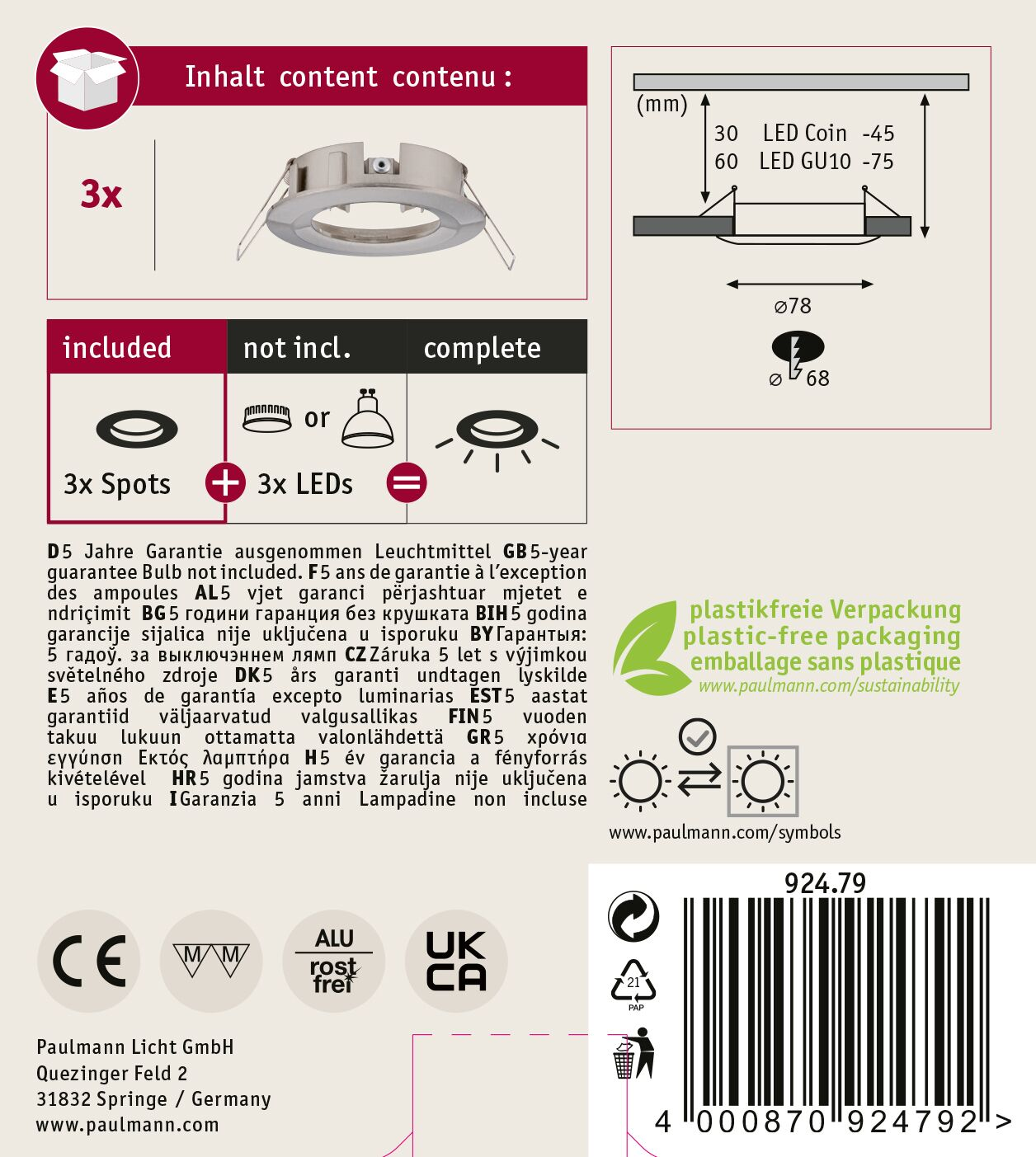 Produktverpackung mit Beleuchtungskomponenten, Text und technischen Details. Enthält Diagramme, Symbole und einen Barcode.