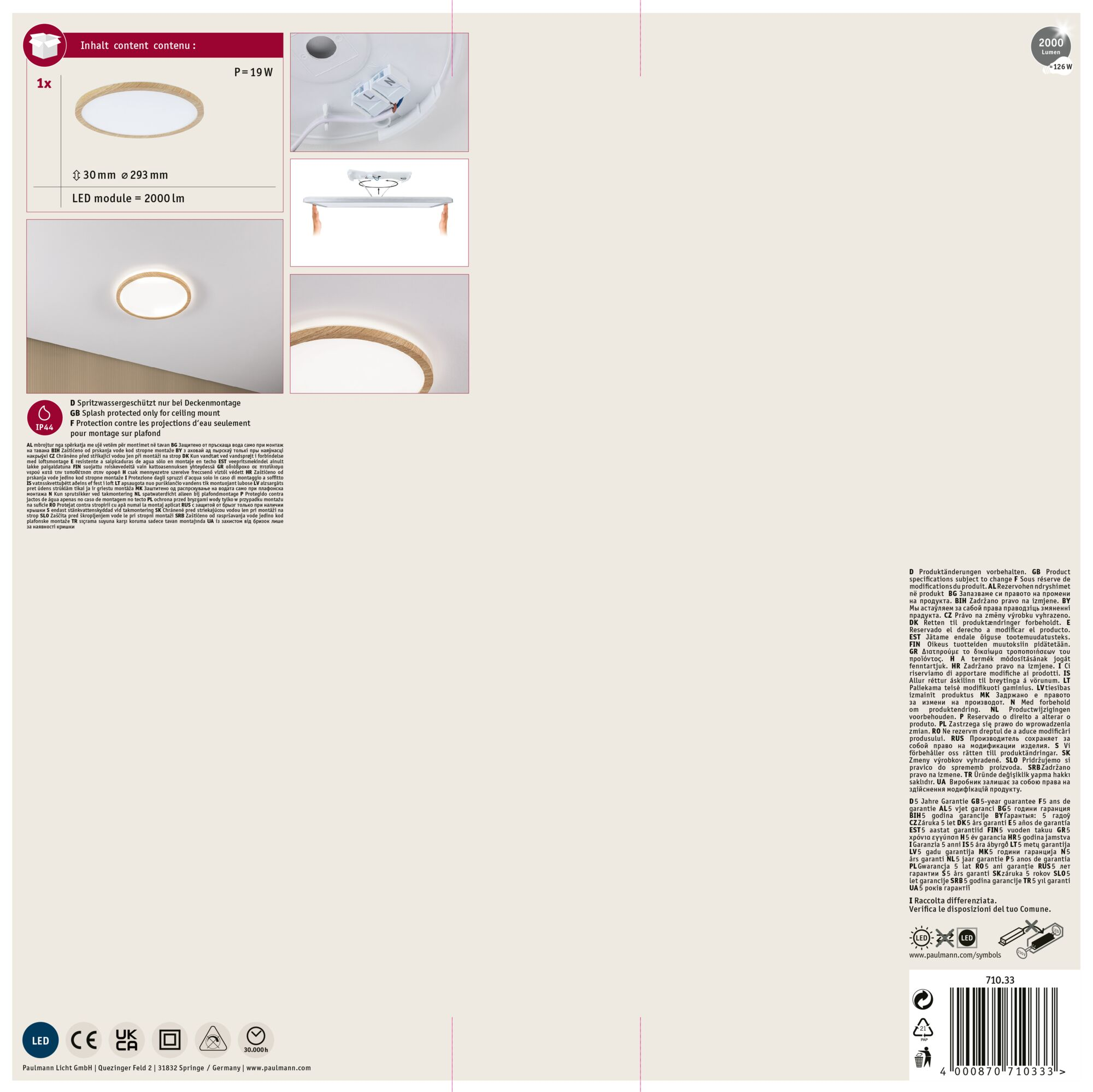 Zdjęcie produktu. Biała lampa sufitowa z drewnianym pierścieniem. Widoczny tekst i symbole.