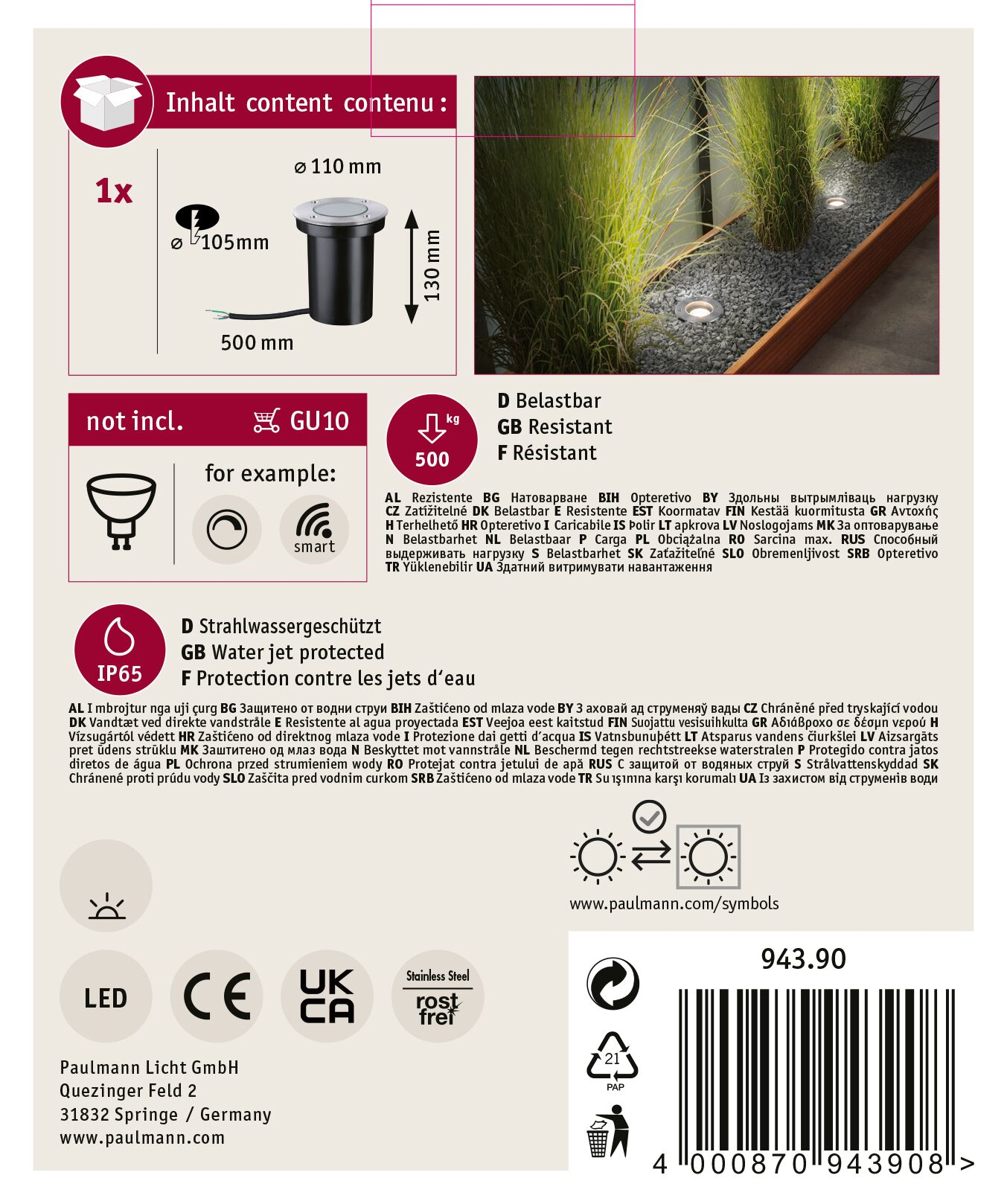 Obraz przedstawia czarną oprawę oświetleniową zewnętrzną ze specyfikacjami i symbolami bezpieczeństwa.