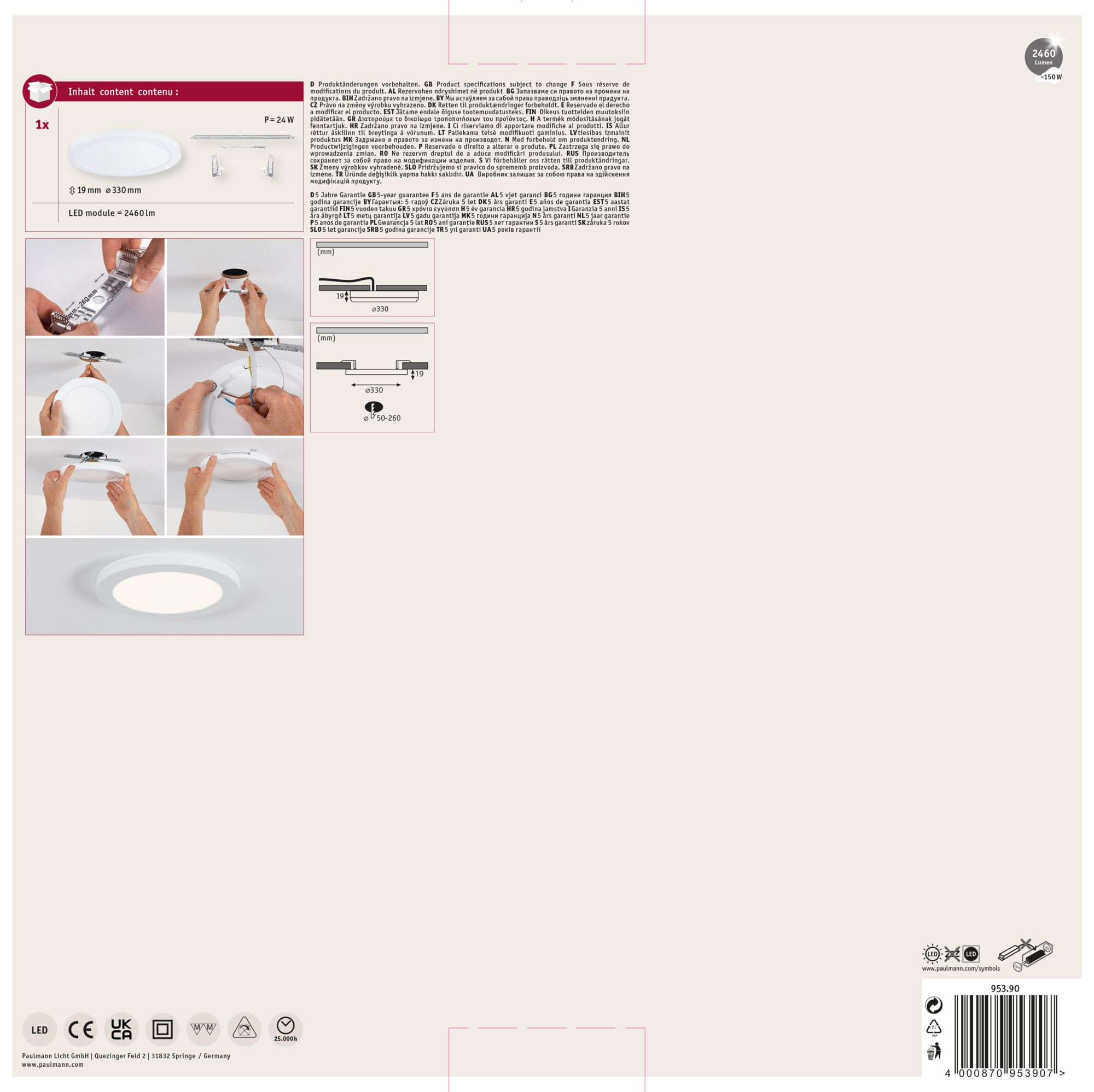 Biała lampa sufitowa LED z instrukcją montażu, szczegółami produktu i kodem kreskowym.