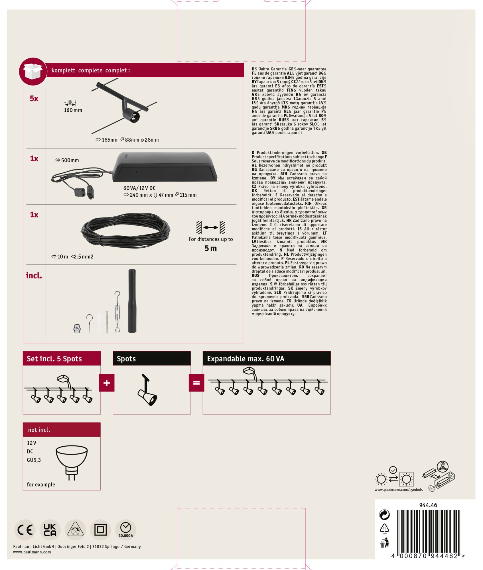 Boîte de produit avec composants lumineux. Comprend spots, câbles et une lampe. Texte et dimensions visibles.