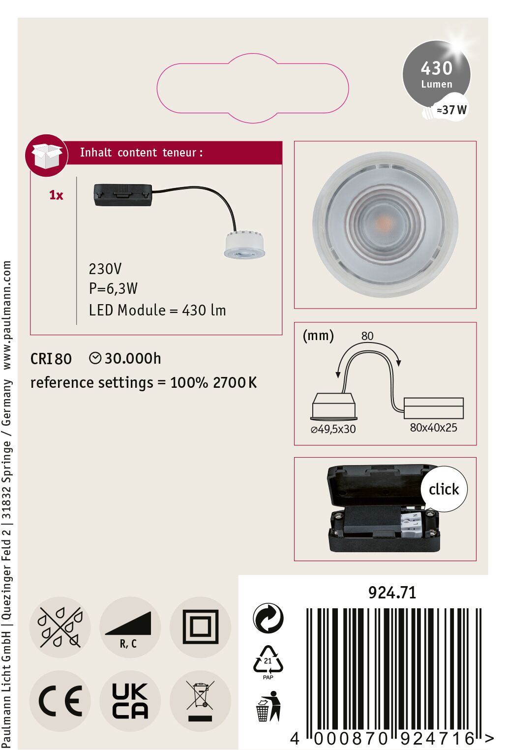 Das Bild ist ein Produktetikett. Es zeigt einen LED-Strahler, Abmessungen und technische Spezifikationen, einschließlich Spannung und Leistung.