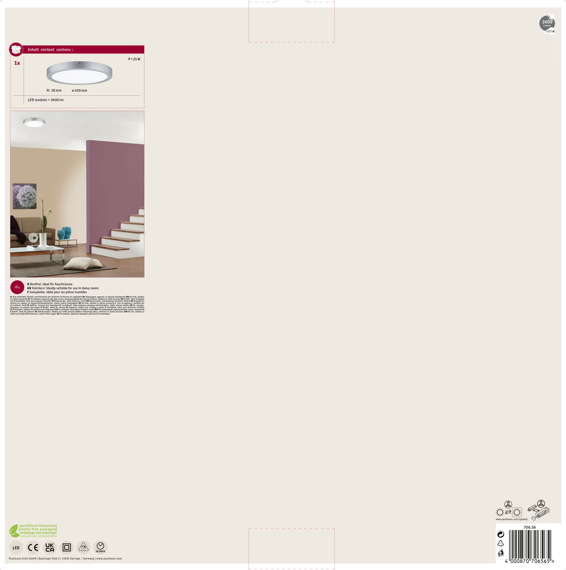 Produktbild zeigt Deckenleuchte mit Maßen und Spezifikationen, neben einem Raum mit Treppe.