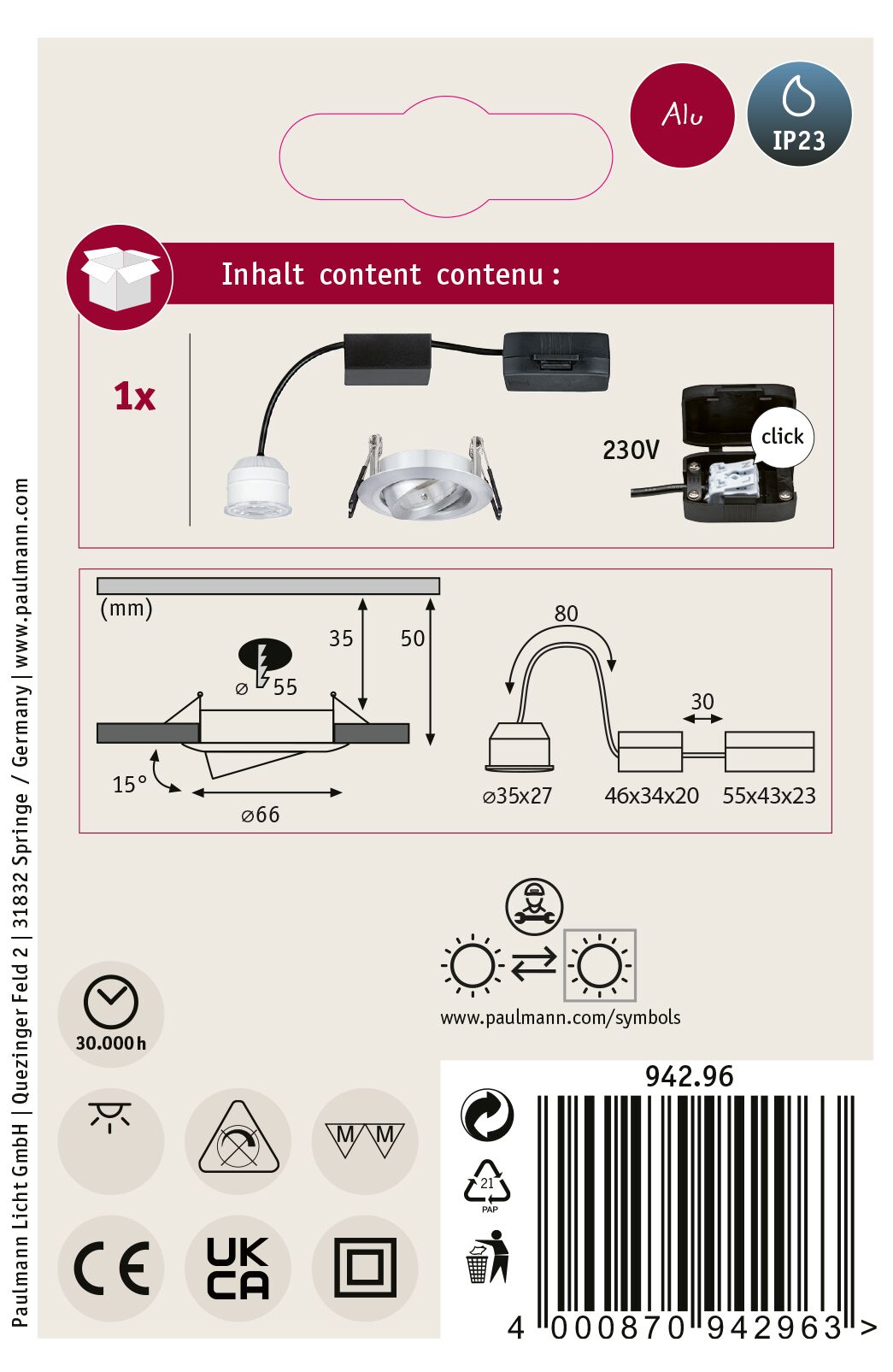 Opakowanie produktu z komponentami oświetleniowymi, diagramami i symbolami. Zawiera wymiary, napięcie i kod kreskowy.