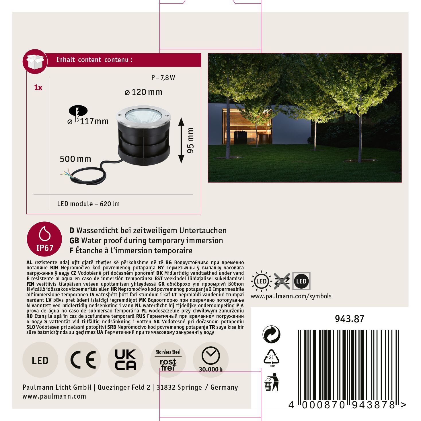 Pudełko produktu z lampą i drzewami. Tekst zawiera wymiary, informacje o LED i szczegóły dotyczące wodoodporności.