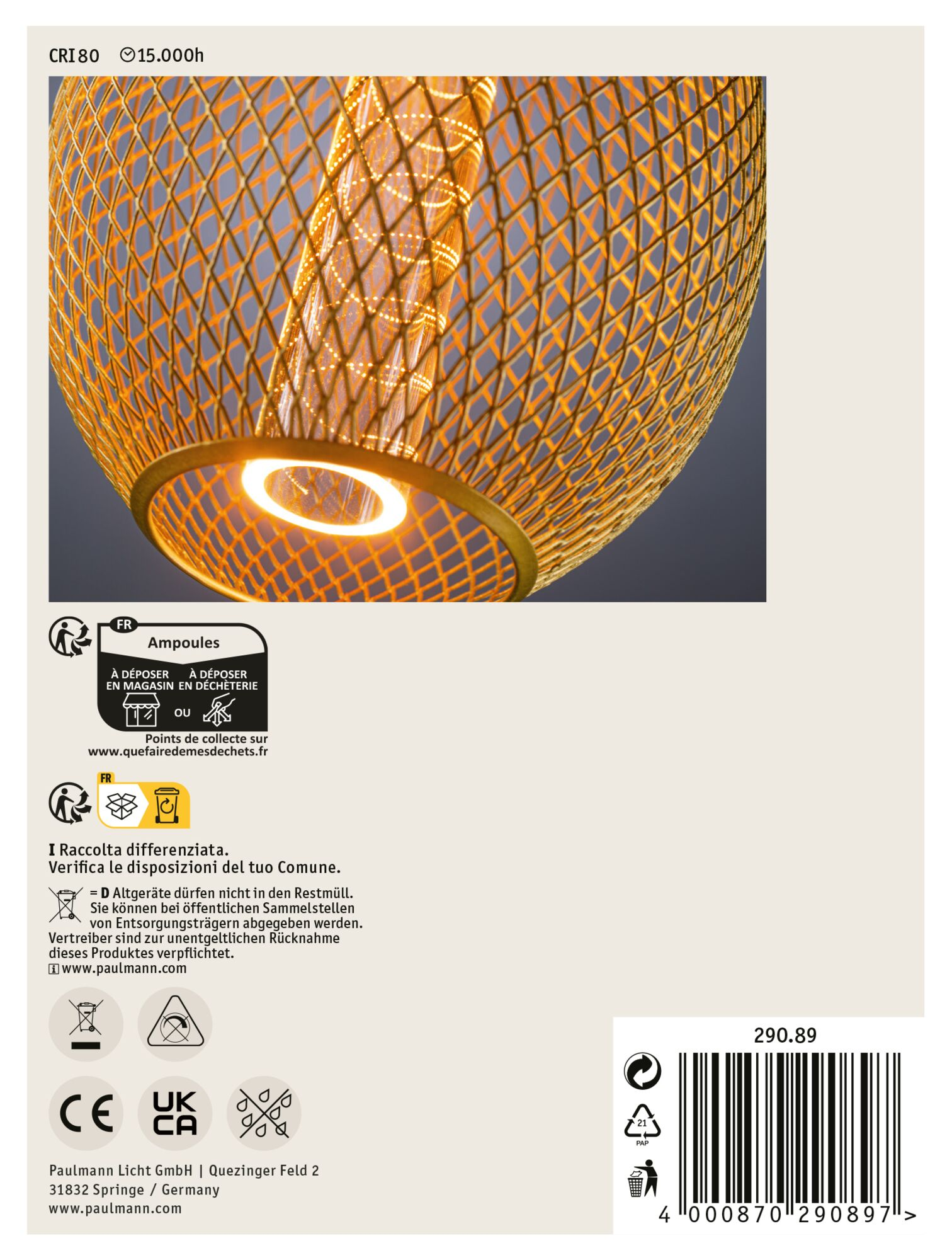 Dekoracyjne oświetlenie z złotym, kratkowym kloszem. Jasne światło świeci z wnętrza. Informacje o produkcie i symbole recyklingu poniżej.