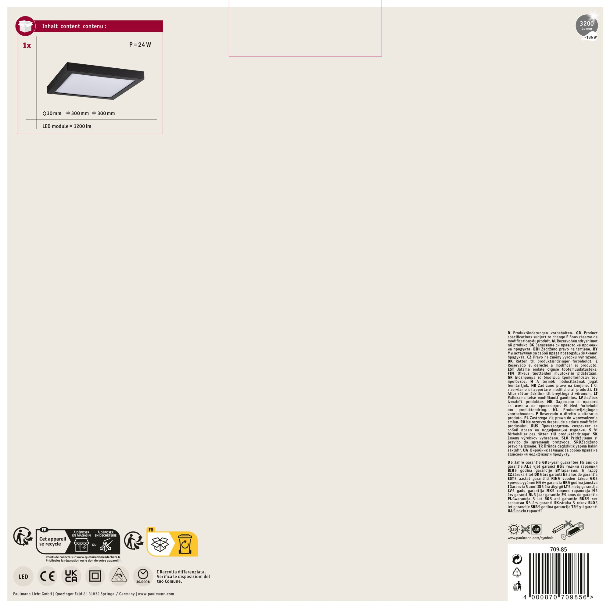 Czarna kwadratowa lampa sufitowa LED z białym światłem, wymiary i specyfikacje są pokazane.