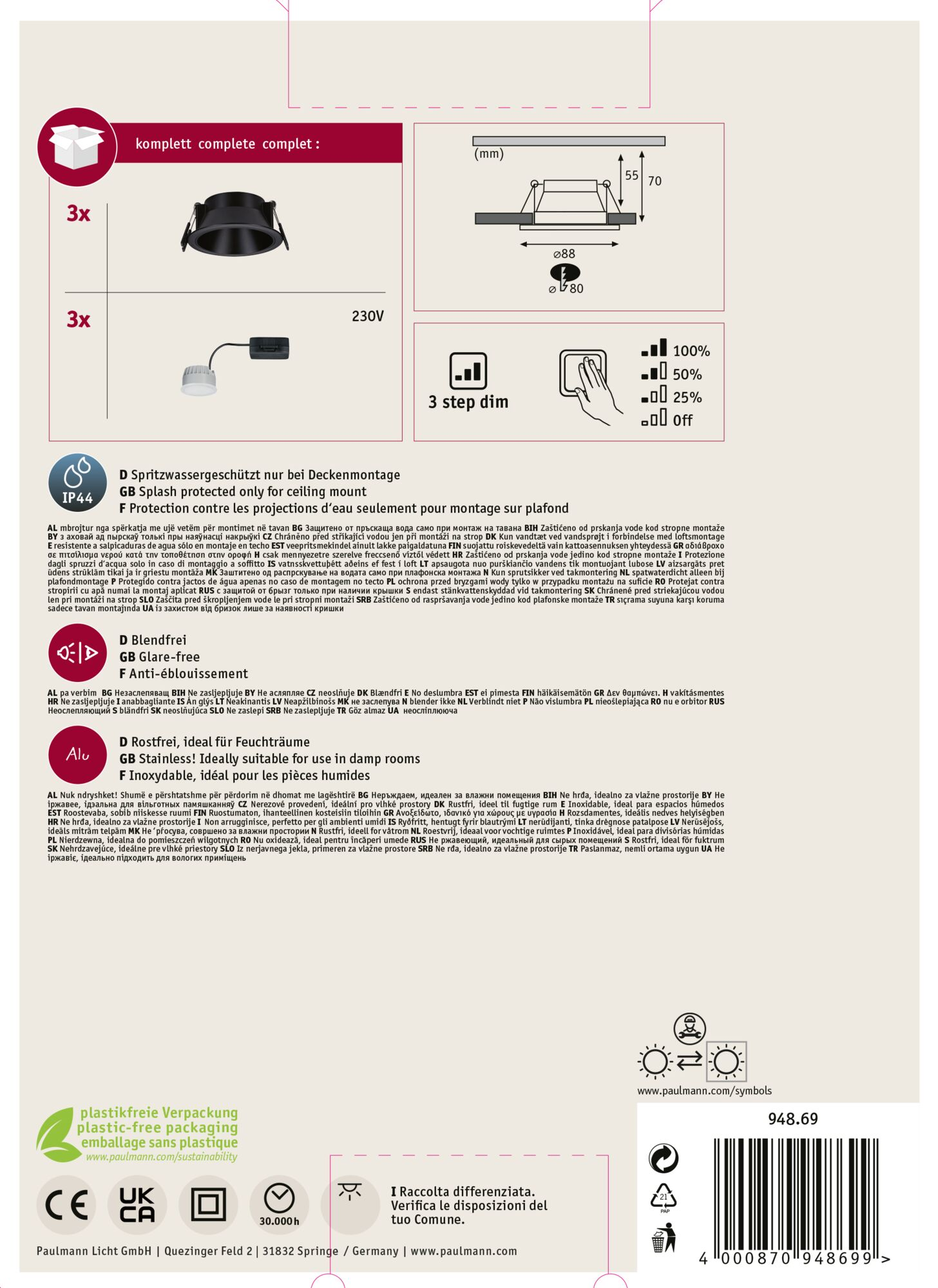 Zdjęcie przedstawia opakowanie produktu z lampą sufitową, jej specyfikacjami i funkcjami.