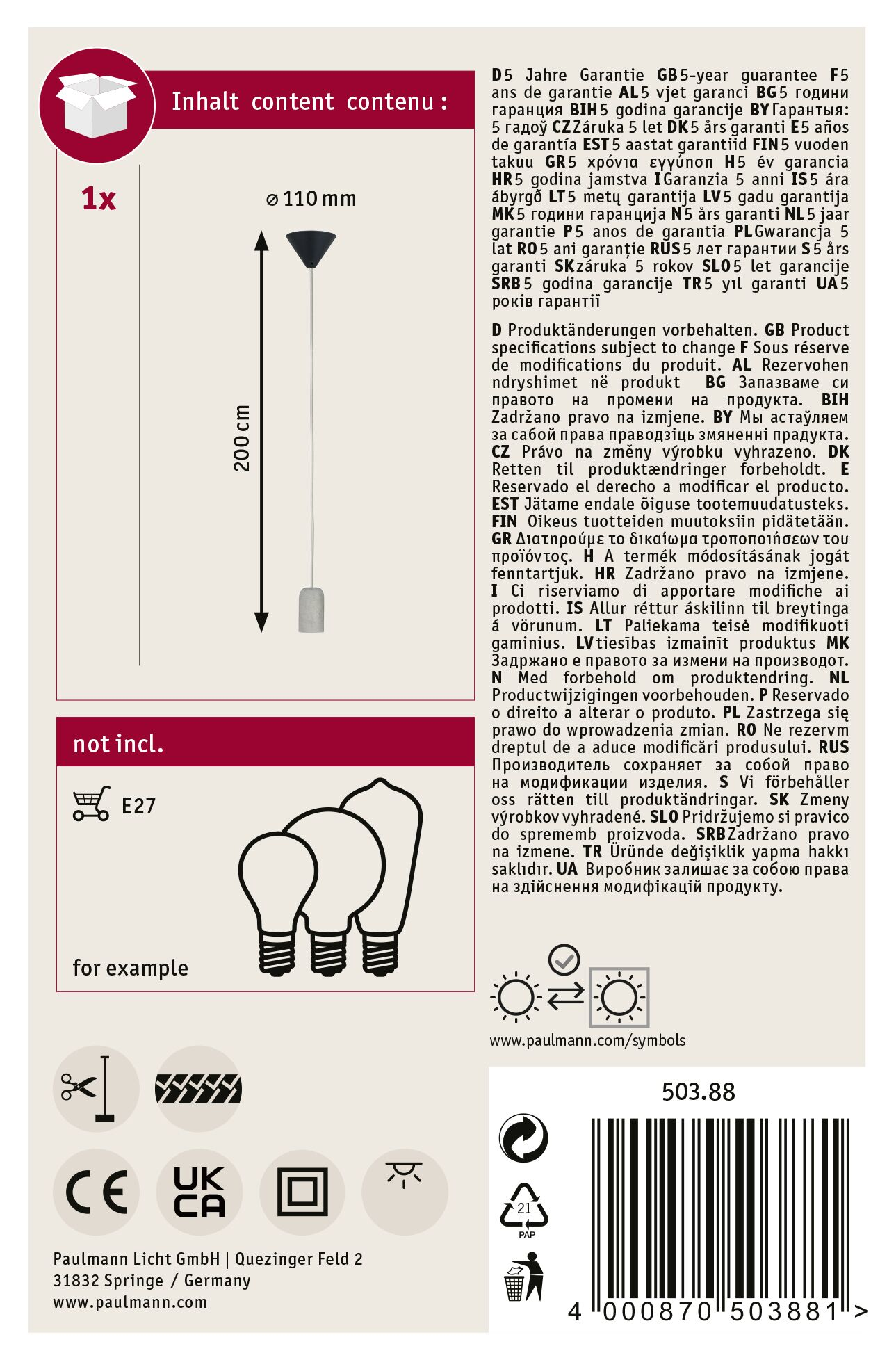 Das Bild zeigt ein Produktetikett mit Garantieinformationen, Lampendiagramm und Produktdetails.