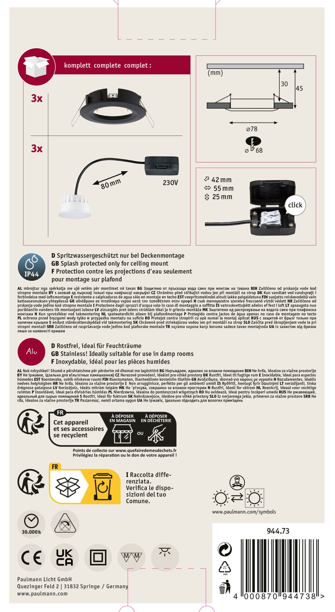 Produktverpackung mit Deckenleuchten, Kabeln und Netzteil. Anweisungen sind ebenfalls sichtbar.