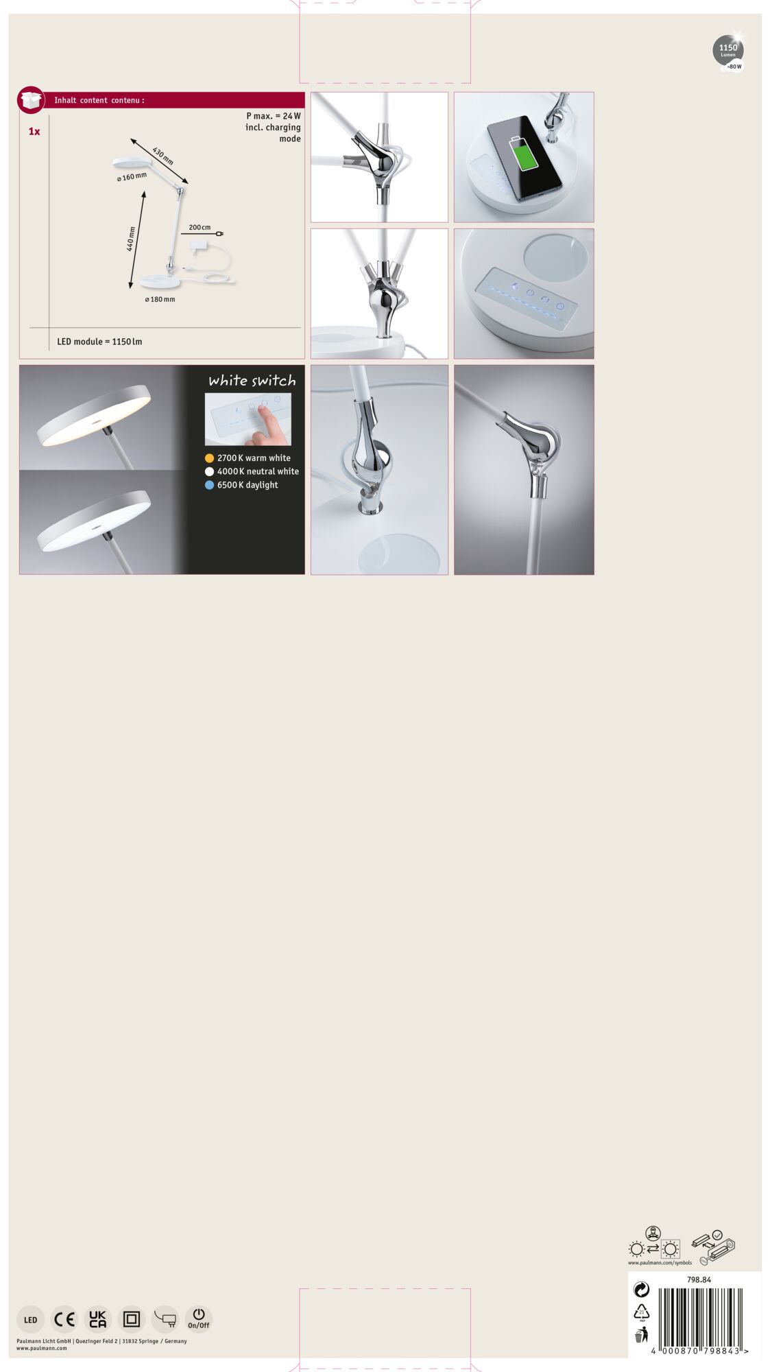 Biała lampa biurkowa z okrągłą głowicą i podstawą, schematy wymiarów i tryb ładowania.