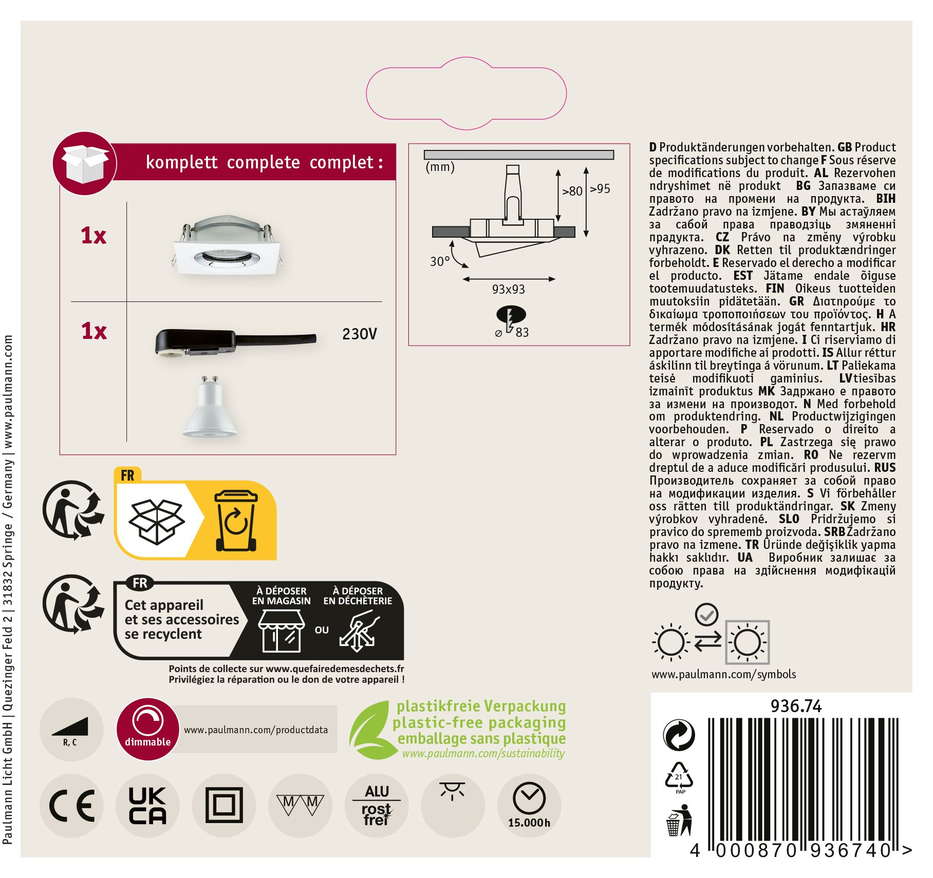Obraz przedstawia opakowanie produktu ze szczegółami, w tym oprawę oświetleniową i symbole recyklingu.