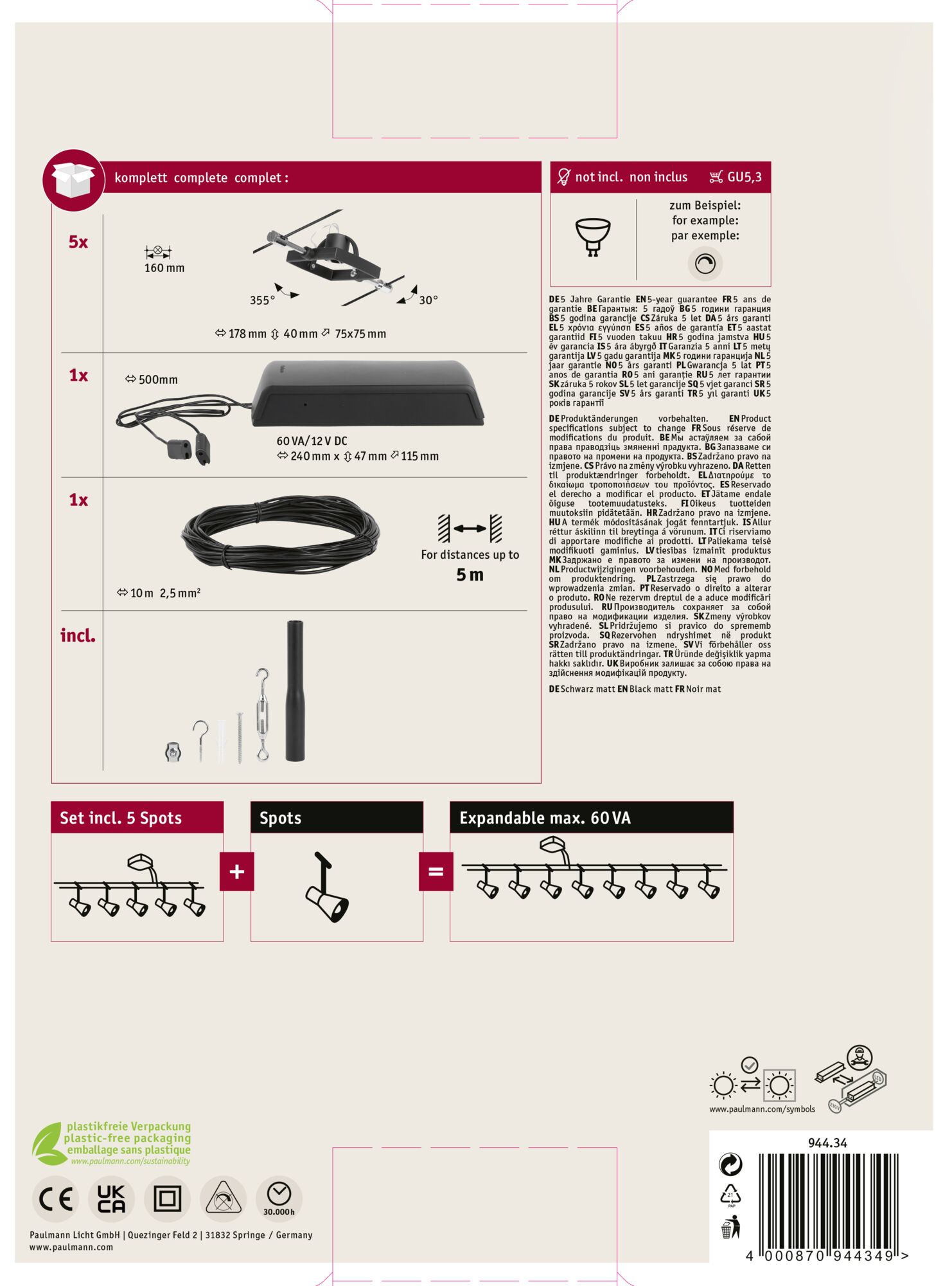 Boîte de produit avec composants lumineux. Texte et symboles présents.