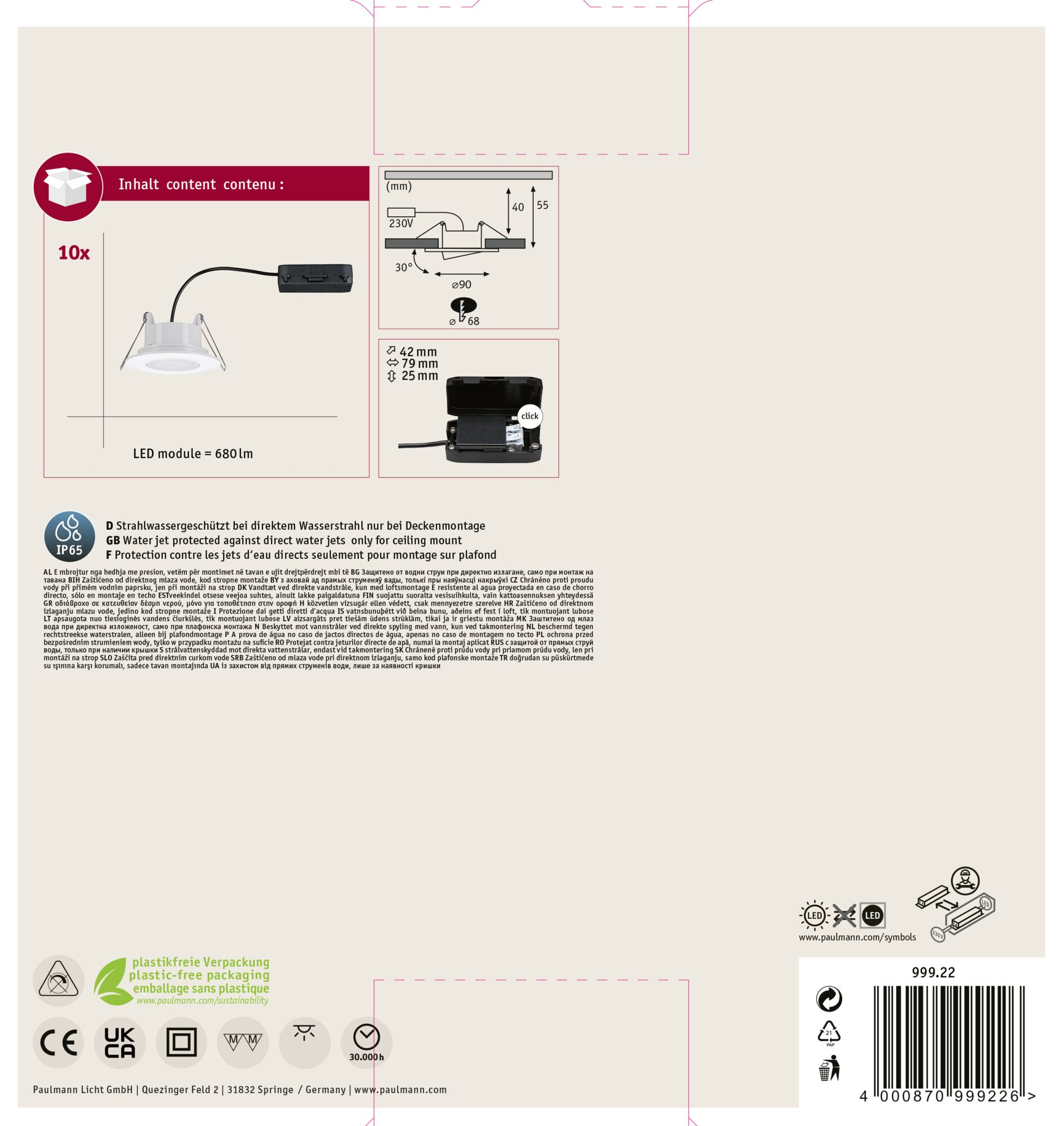 Produktverpackung mit Deckenleuchte-Diagramm und technischen Daten.