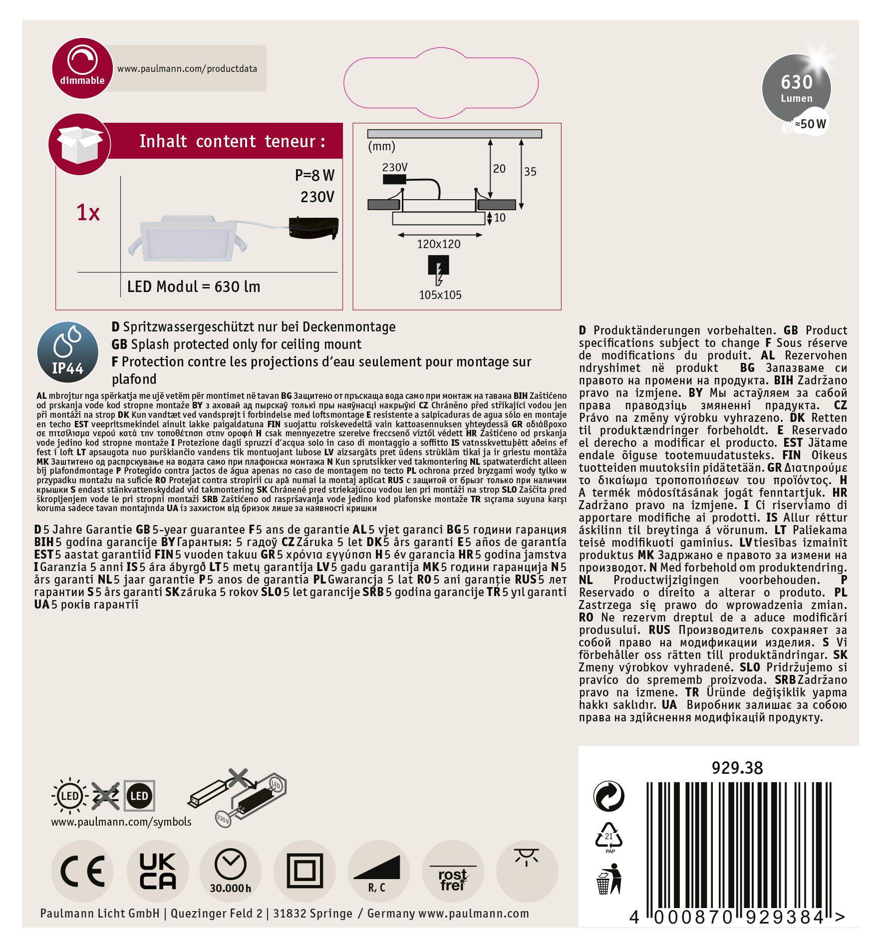 Weiße LED-Deckenleuchte mit Daten, Abmessungen und Garantieinformationen.