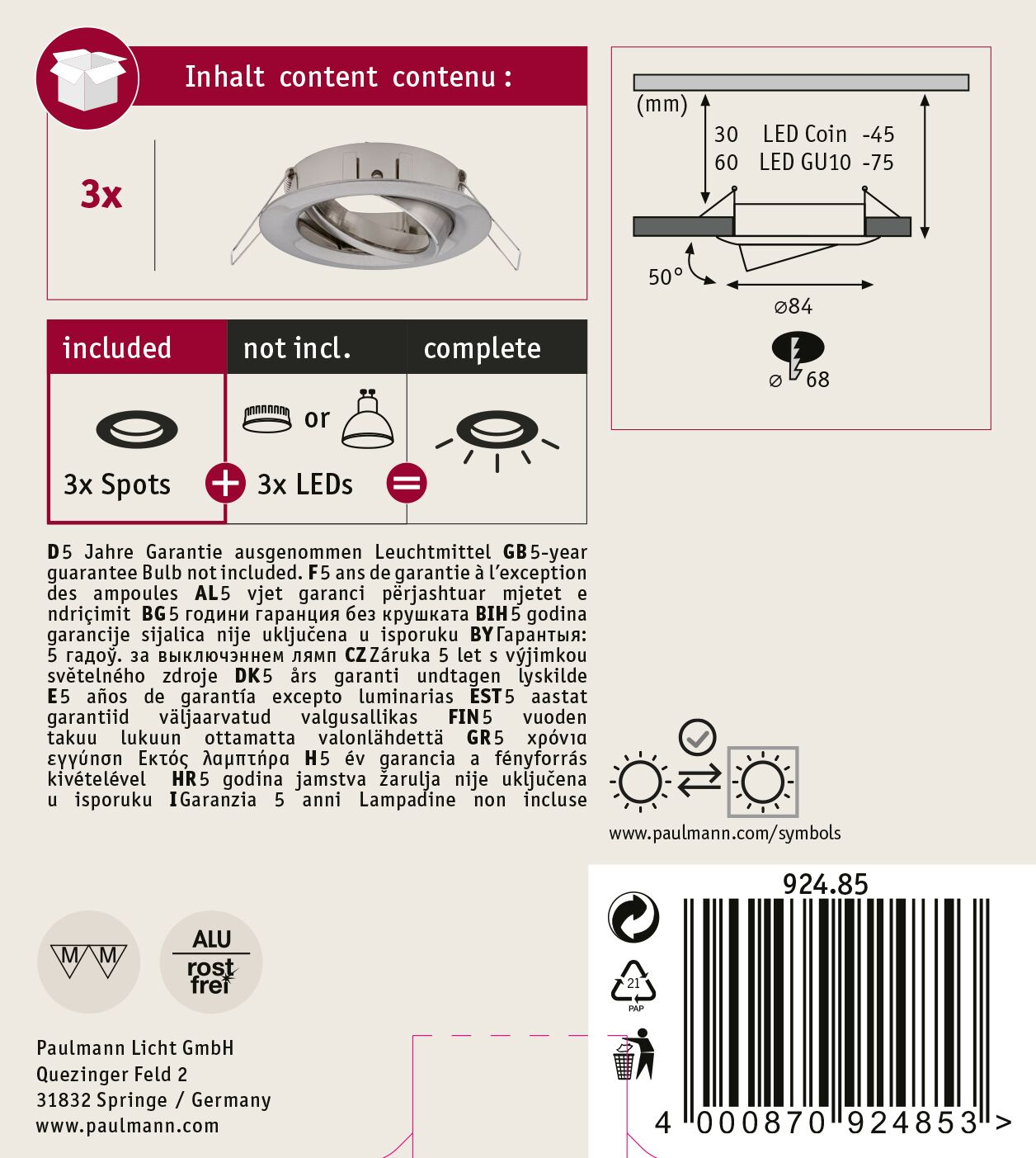 Confezione del prodotto con 3 faretti, diagrammi tecnici e descrizioni testuali in più lingue.