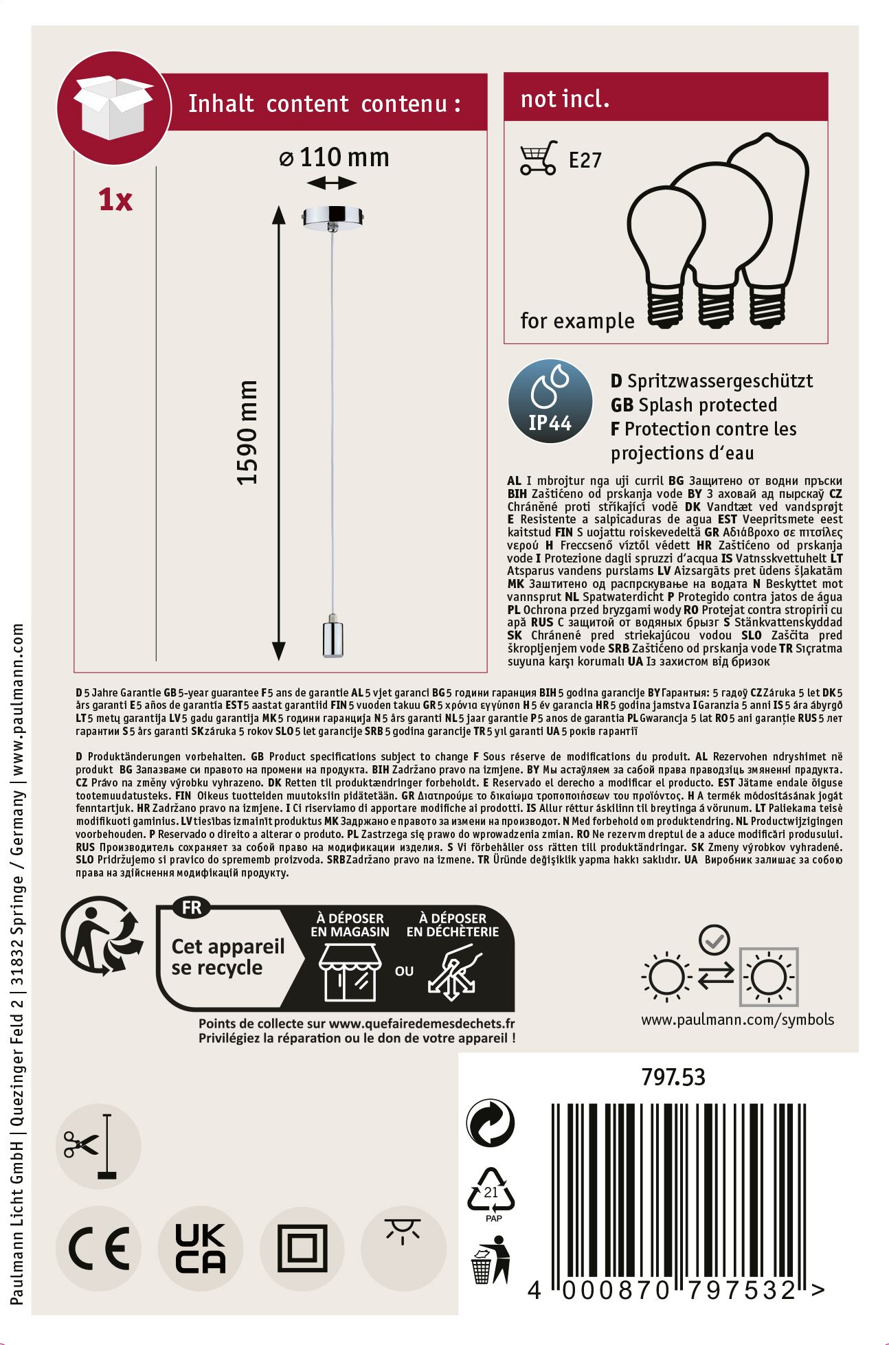 Etykieta produktu z lampą, wymiarami, symbolami recyklingu i gwarancją. Białe tło.