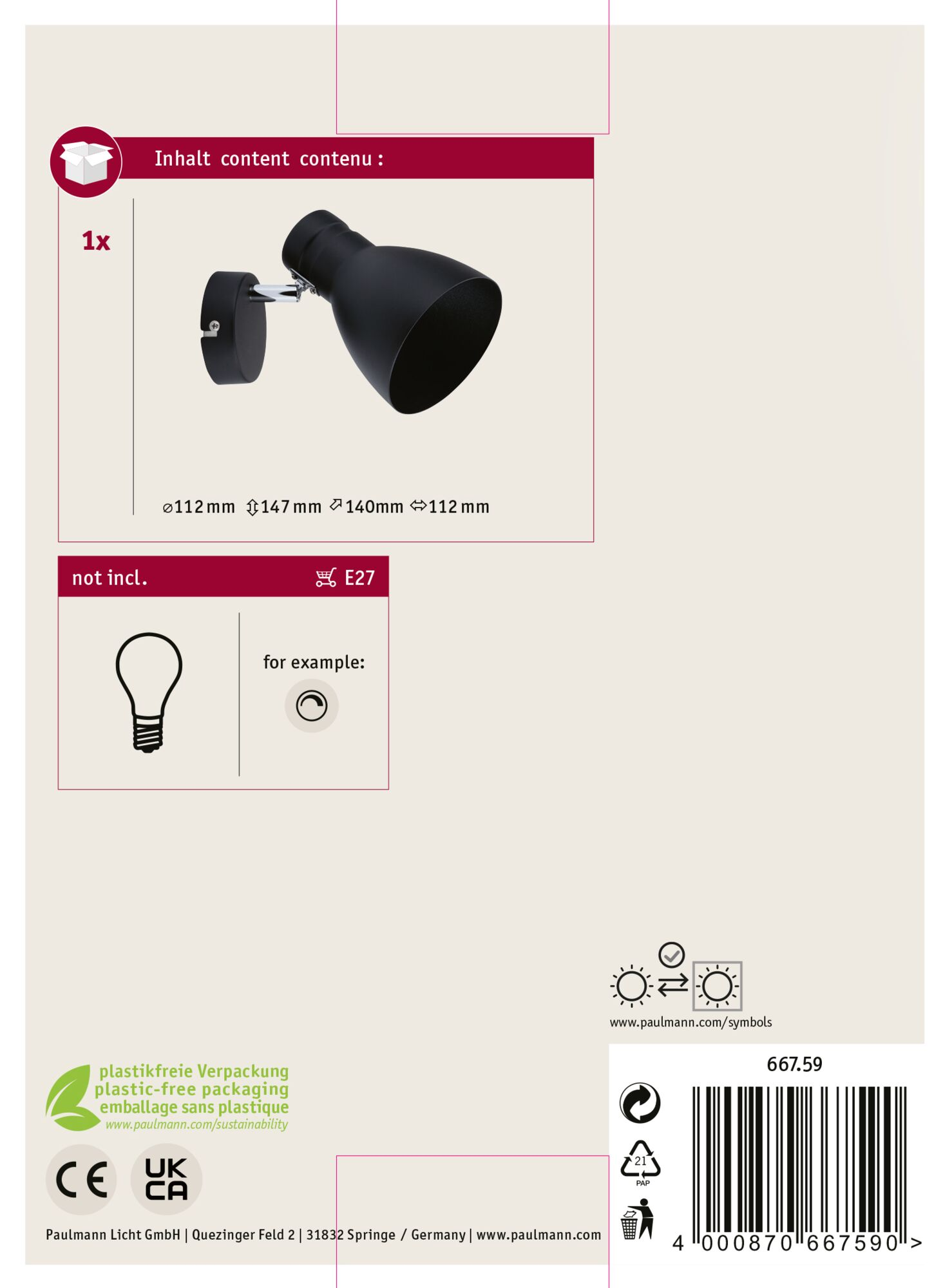 Czarna lampa ścienna z wymiarami, symbolem E27 i ilustracją żarówki.